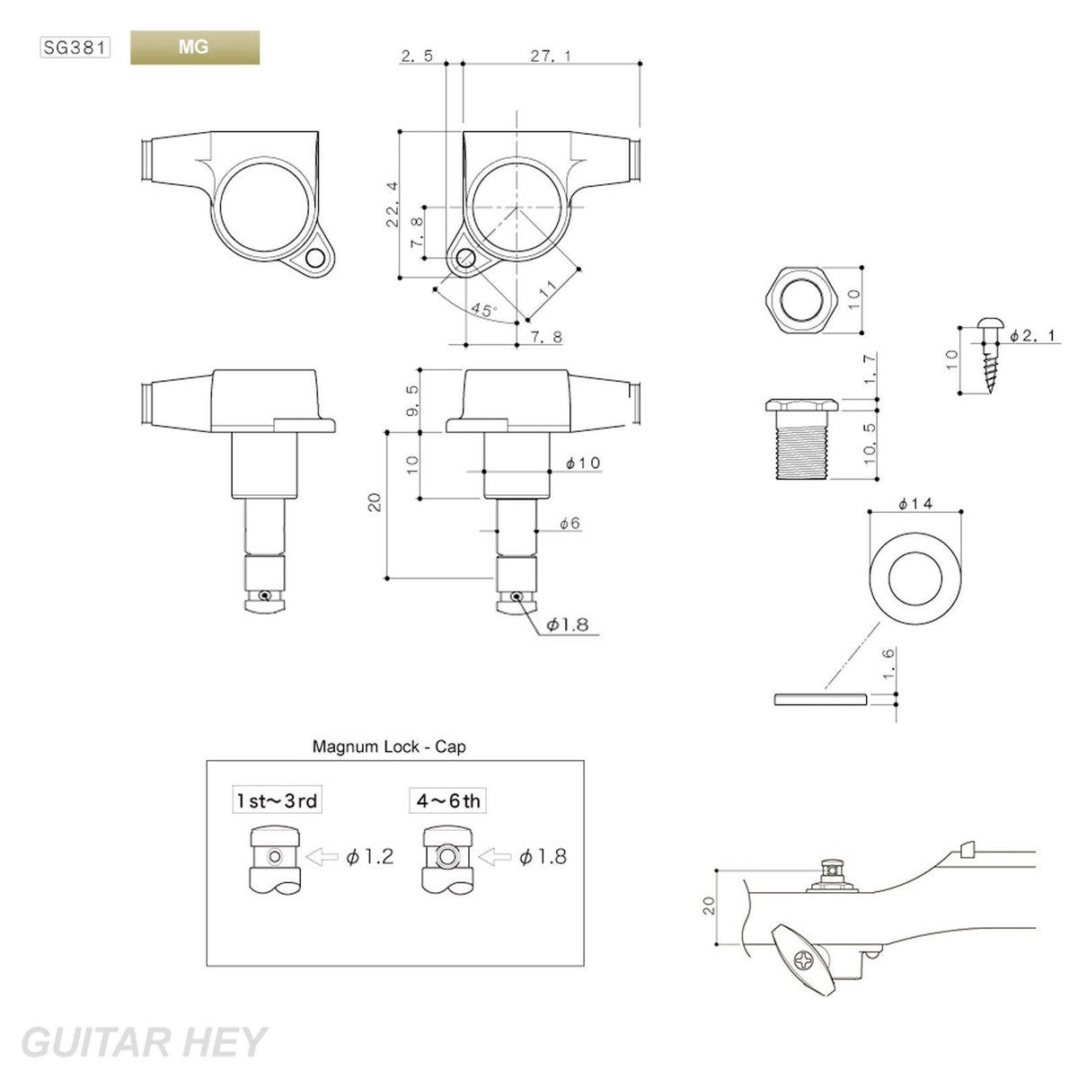 NEW Gotoh SG381-05 MG Magnum Locking Tuning Small OVAL Buttons Set 3x3 - GOLD