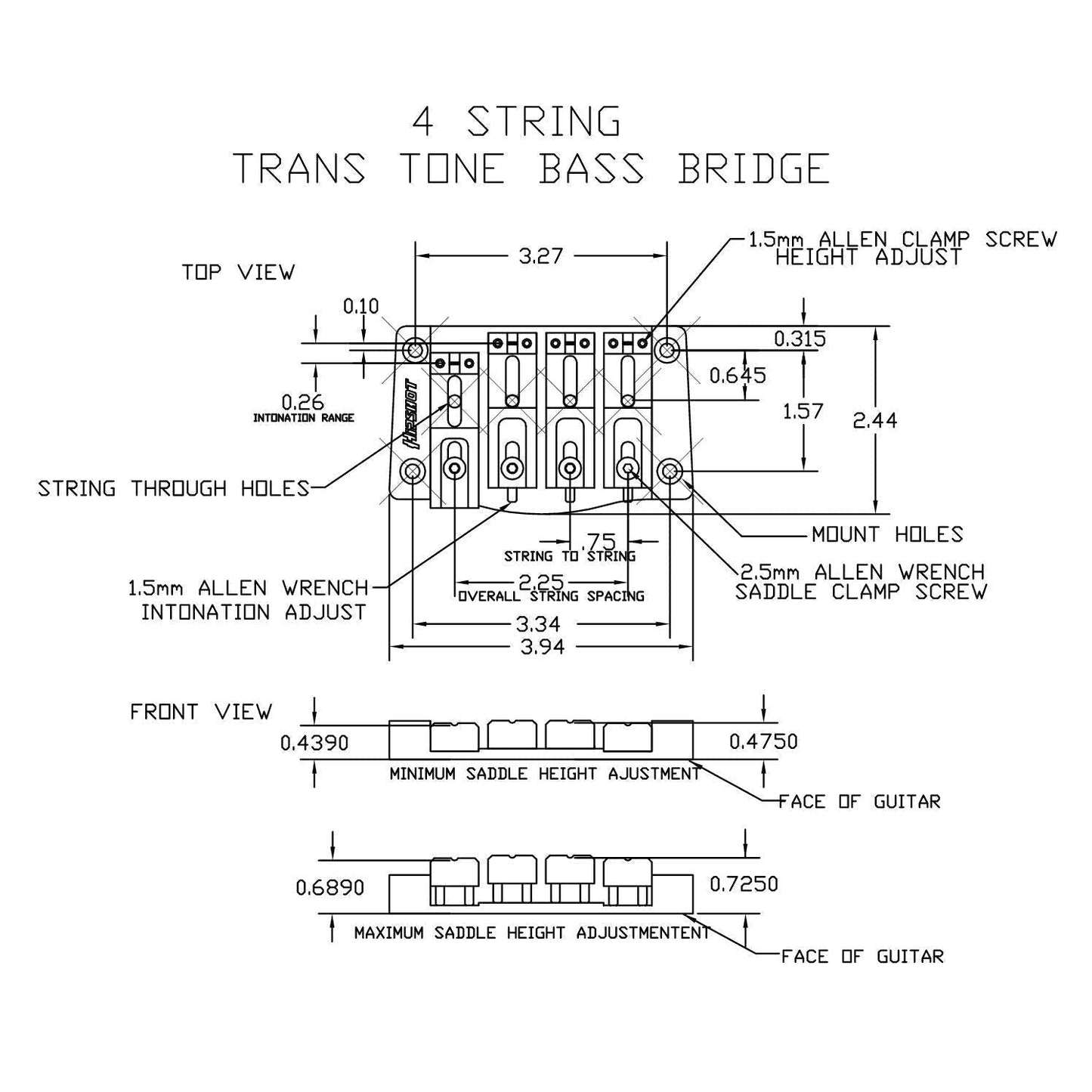 NEW Hipshot 4-String TransTone Bass Bridge Flat Mount .750" Spacing - CHROME