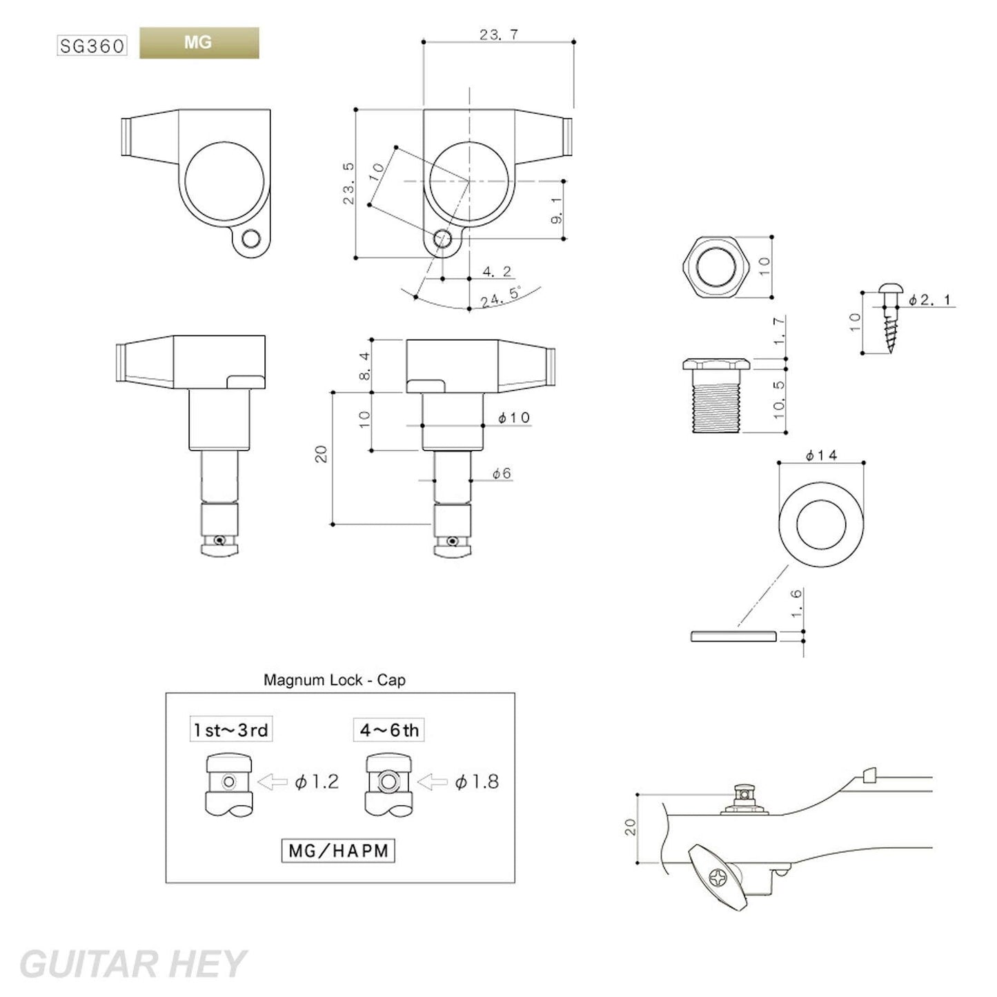 NEW Gotoh SG360-04 MG L3+R3 Locking Tuning Keys KEYSTONE Buttons 3x3 - GOLD