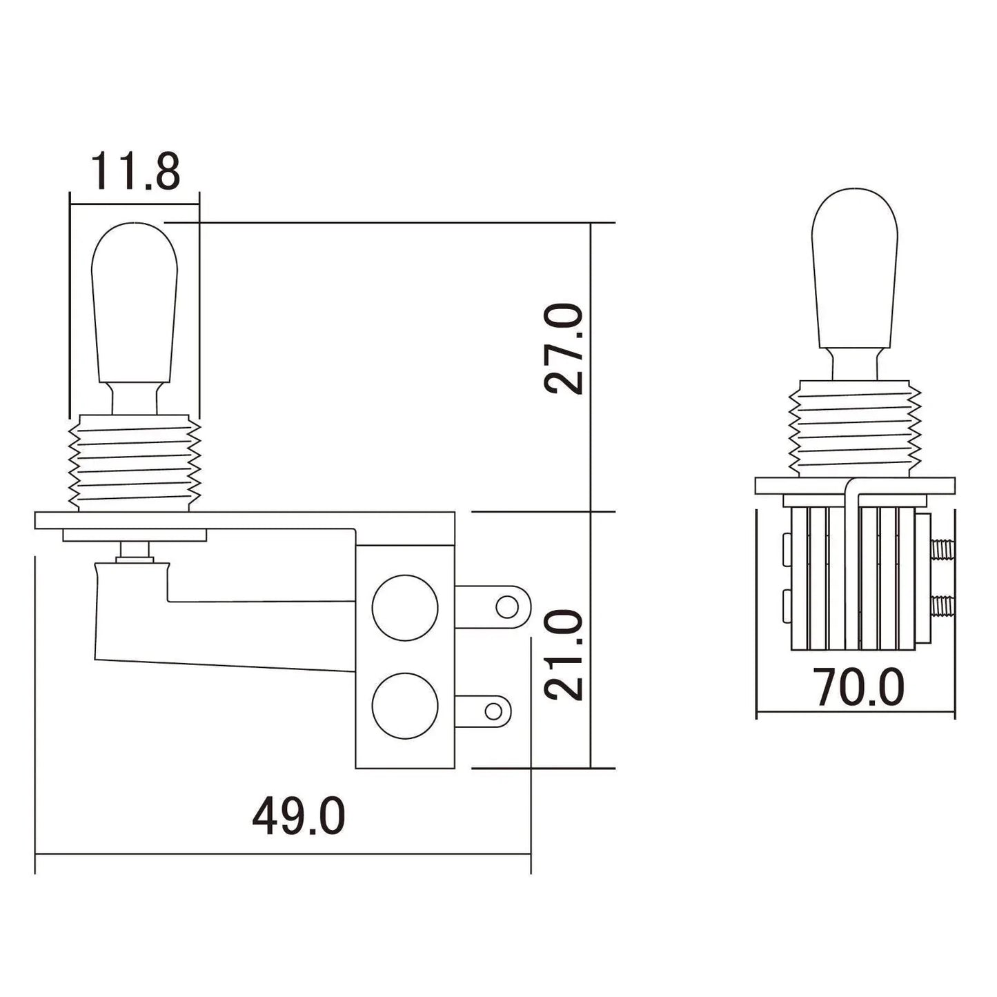 NEW Right Angle 3-Way Toggle Switch for 2-Pickups - Made in Japan - BLACK KNOB