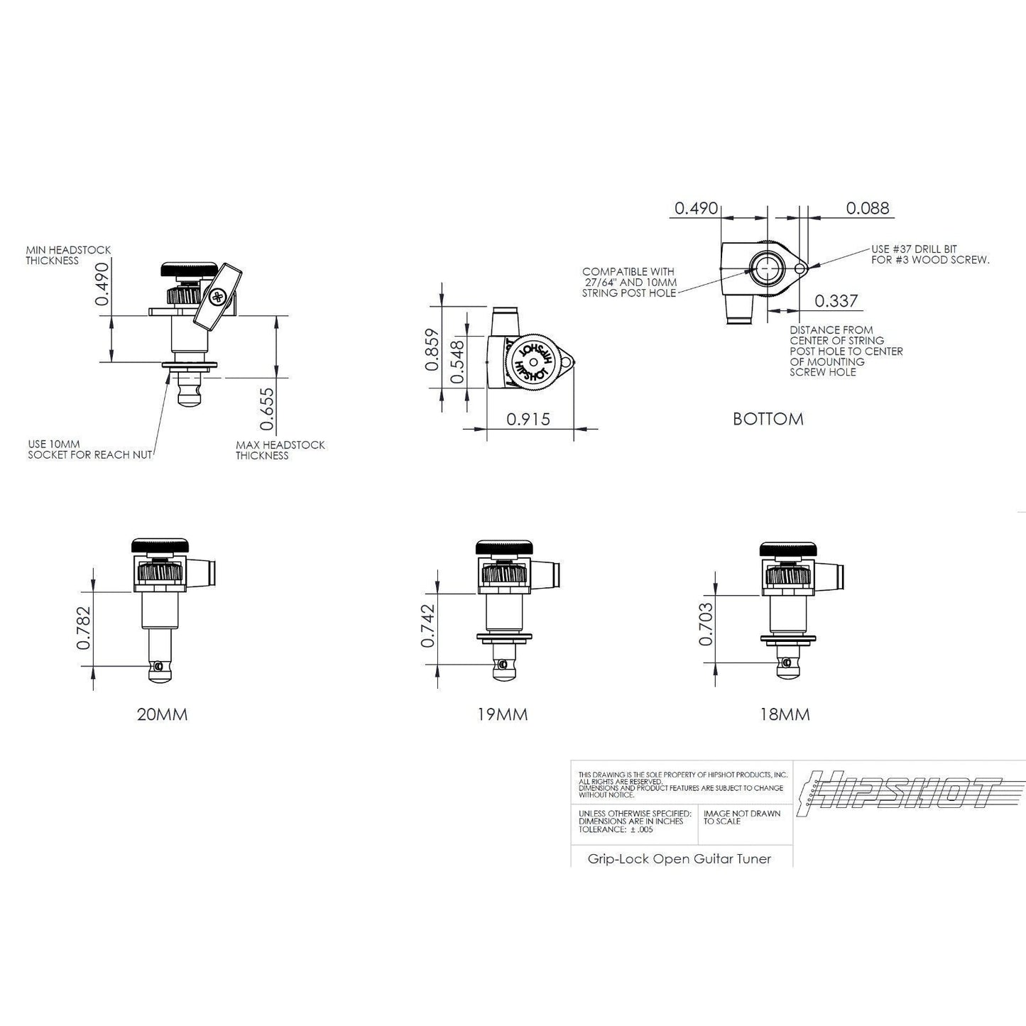 NEW Hipshot Grip-Locking STAGGERED Open-Gear 6 In Line D08 w/ Hardware - BLACK