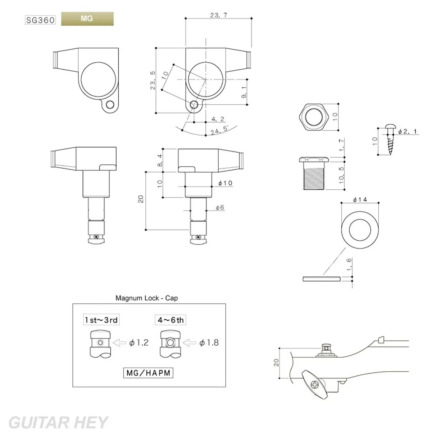 NEW Gotoh SG360-01 MG L3+R3 Locking Tuning Keys LARGE Buttons 3x3 - GOLD
