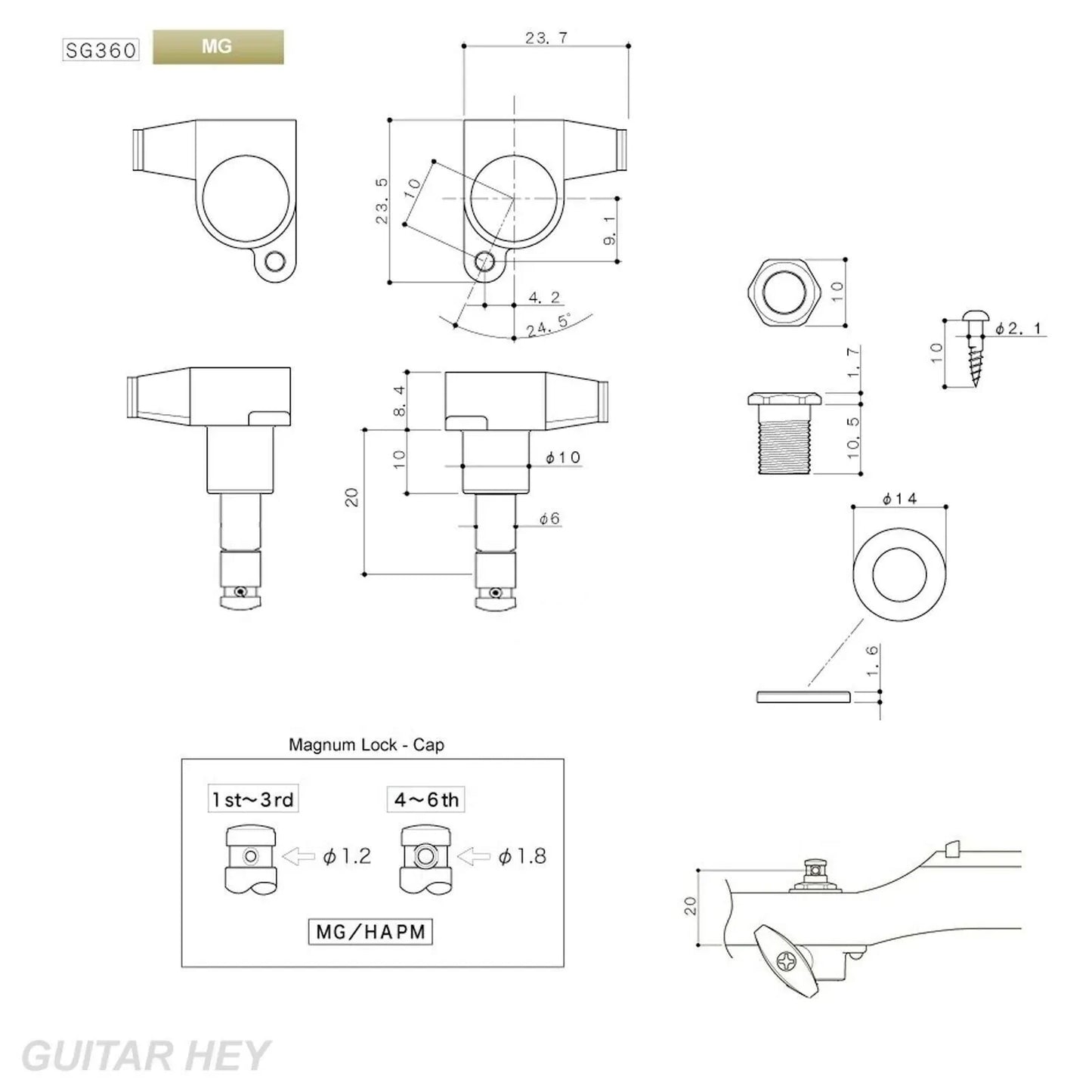 NEW Gotoh SG360-P8 MG Magnum Locking Tuning Keys Set 6 in line MINI Tuners GOLD