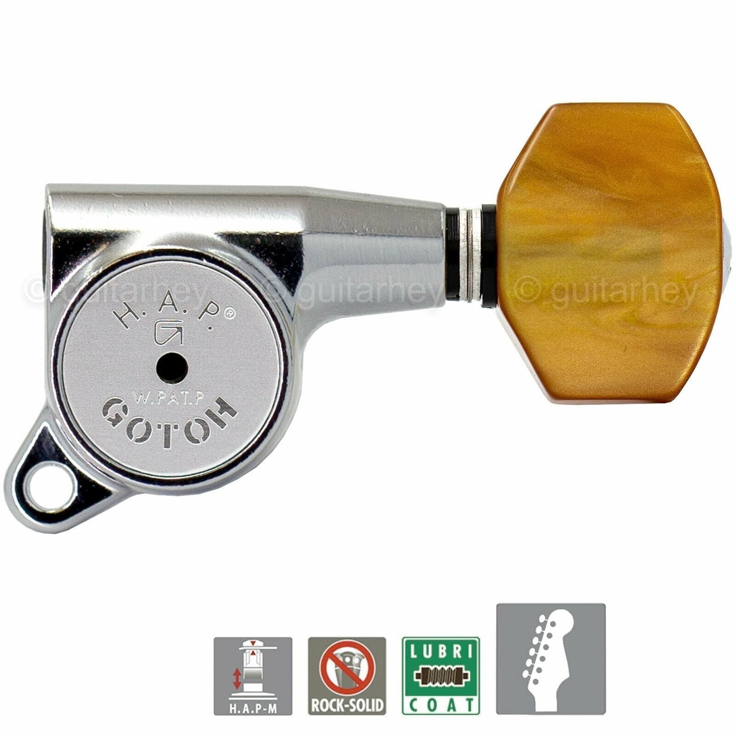 NEW Gotoh SG381-P8 HAPM 6 in line Tuners Adj. Post Height Amber Buttons - CHROME