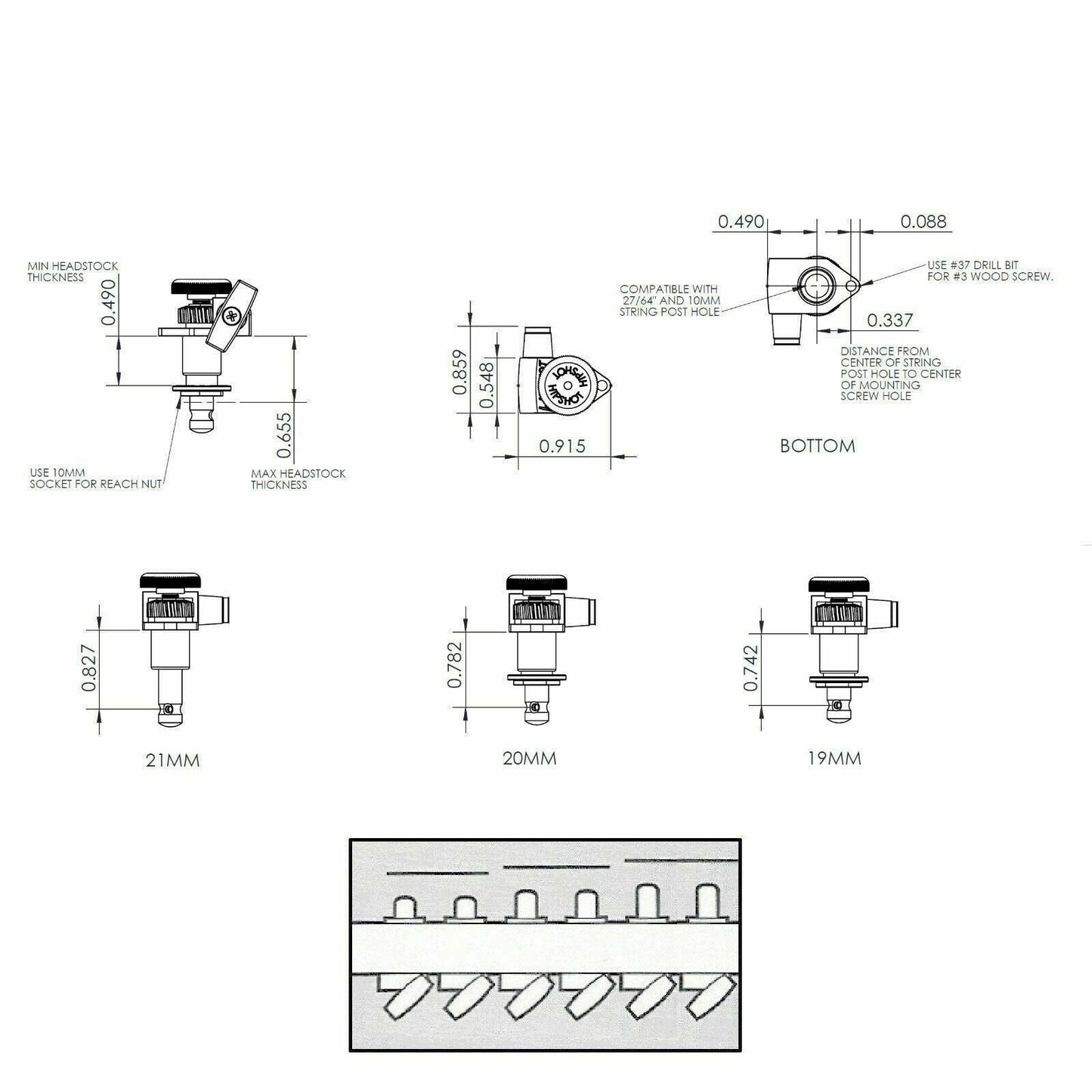 NEW Hipshot LOCKING Tuners 6 in line SET STAGGERED Tuners LEFT-HANDED - SATIN