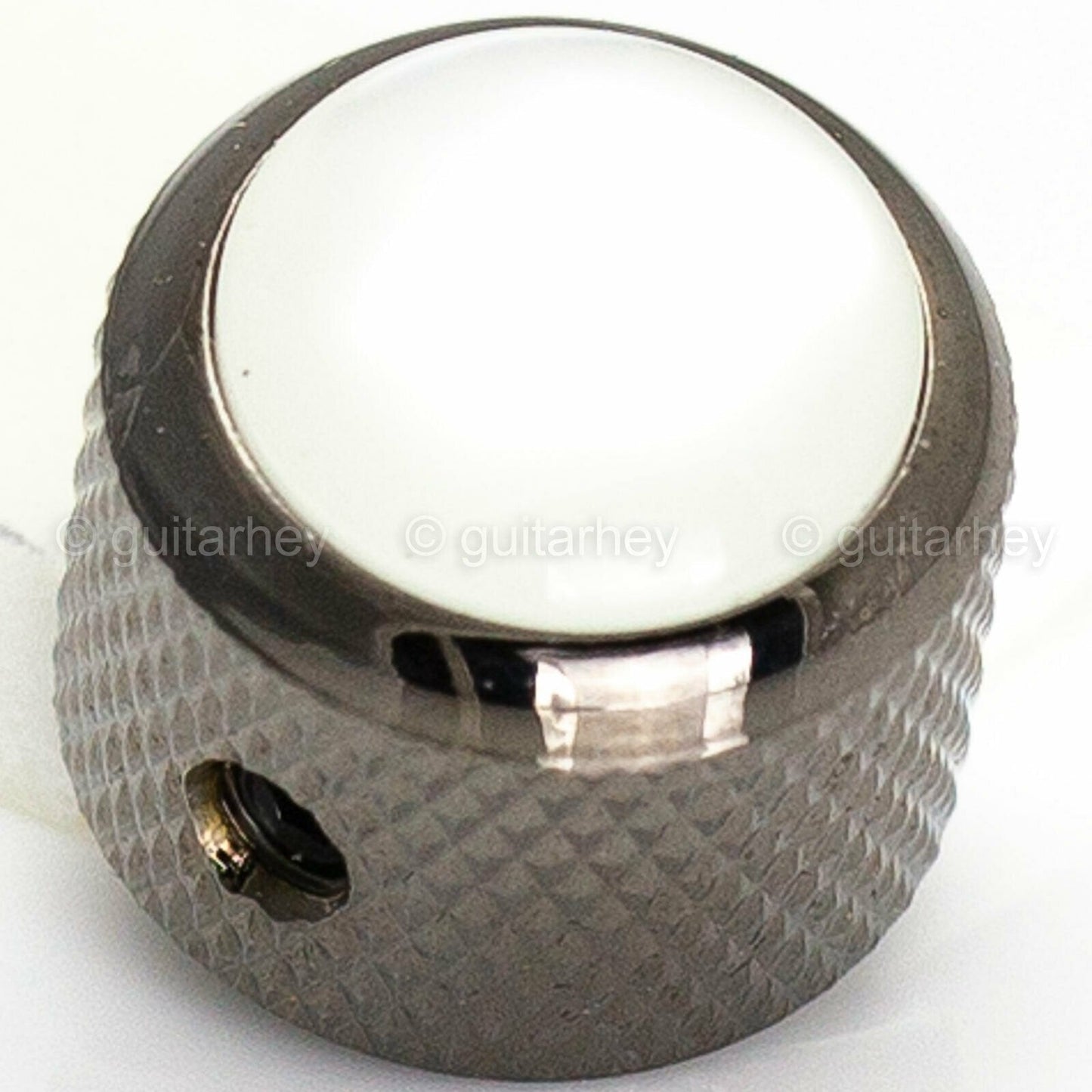NEW (1) Q-Parts Guitar Knob Black Chrome w/ ACRYLIC WHITE PEARL on Dome KBD-0052