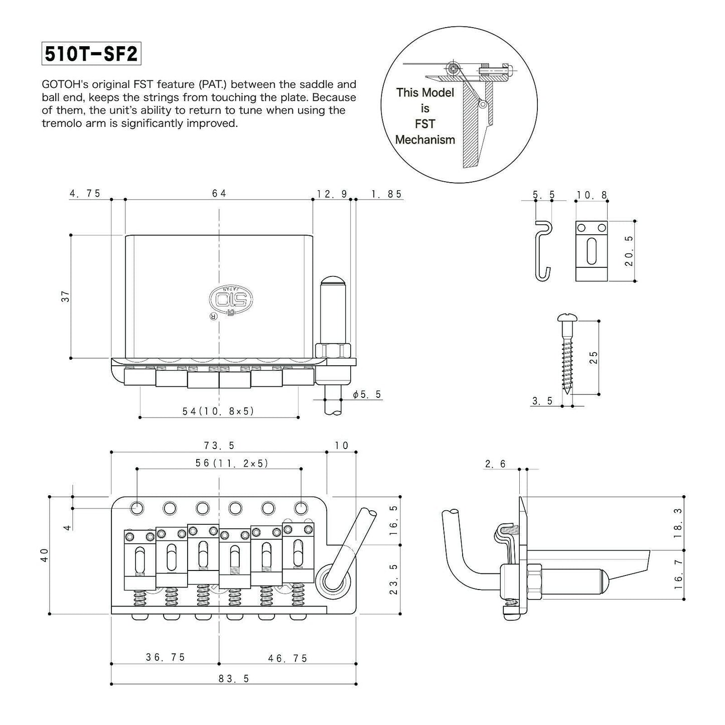 NEW Gotoh 510T-SF2 Non-locking Tremolo Bridge Steel Saddles 37mm Block - CHROME