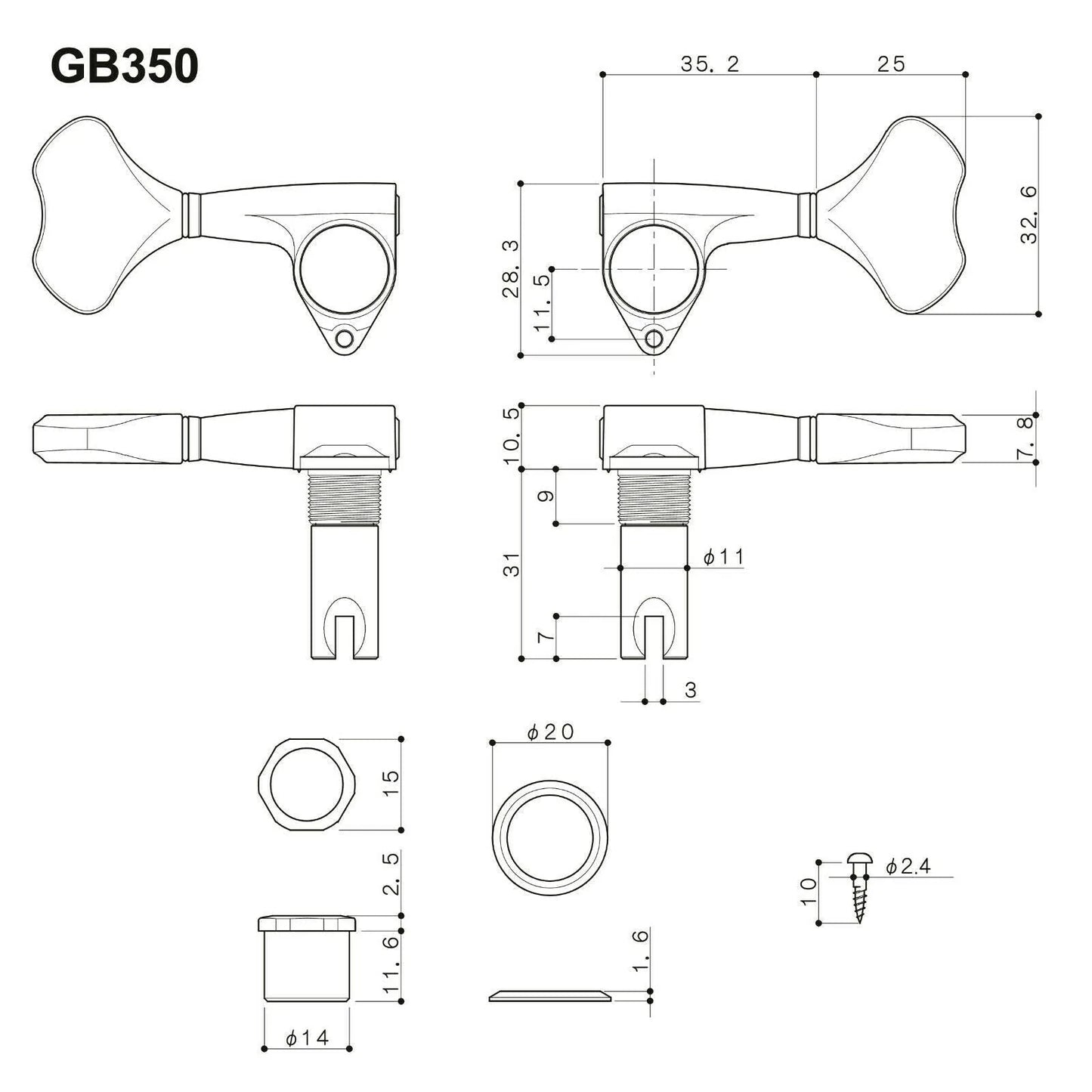 NEW Gotoh GB350 RES-O-LITE Aluminum Bass Side 4-in Line Tuning Keys Set - CHROME