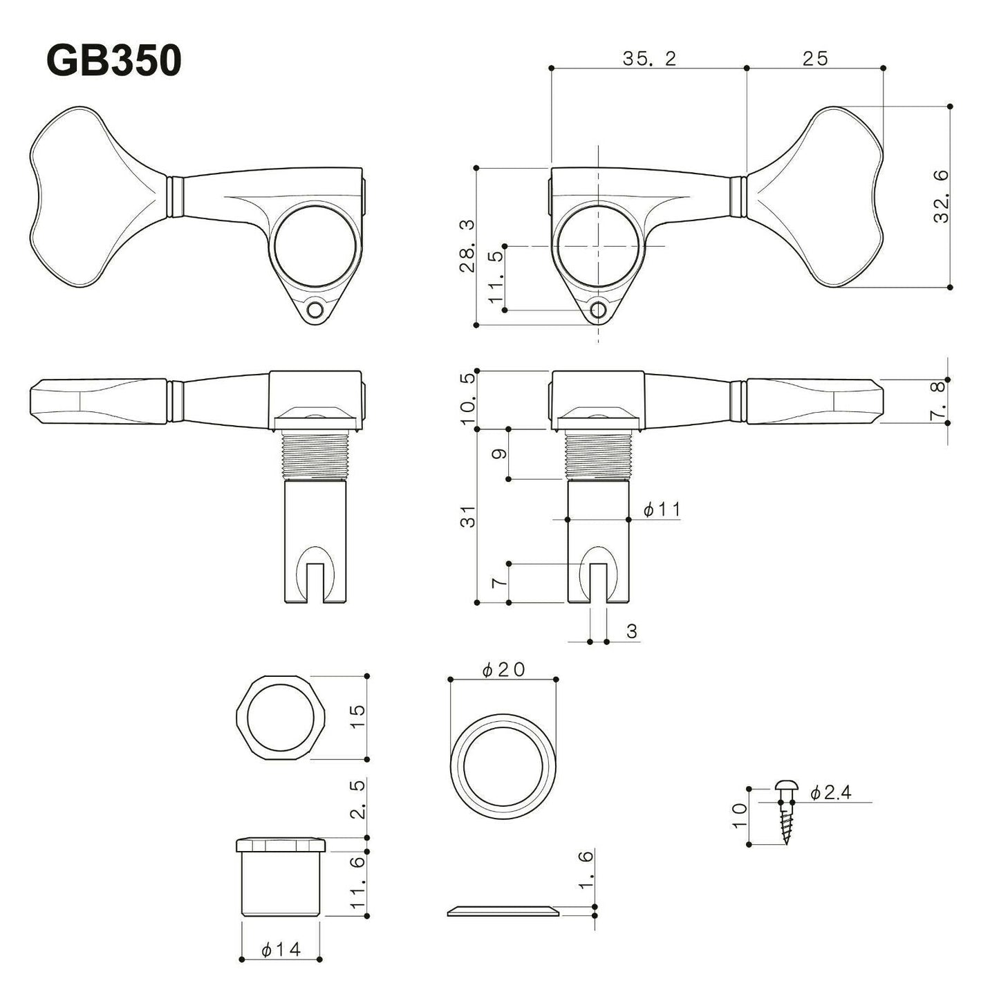 NEW Gotoh GB350 RES-O-LITE Aluminum Bass Side 4-in Line Tuning Keys Set - BLACK