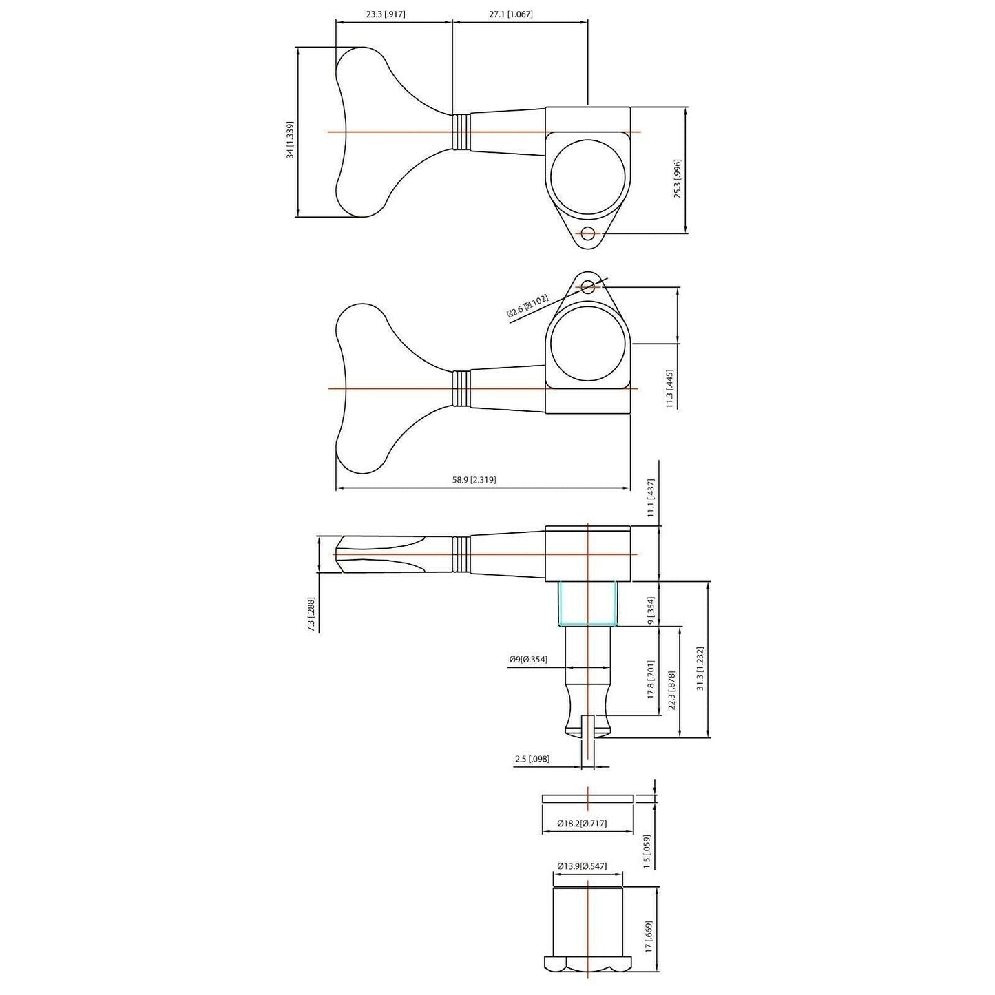 NEW Grover 144C Mini Bass Guitar Tuners, L2+R2 Set Gear ratio 20:1 - 2x2, CHROME