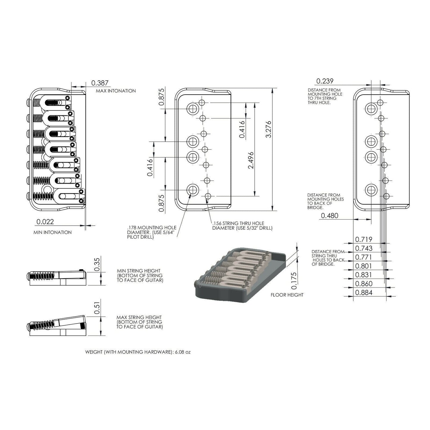 USA Hipshot 7 Strings Hardtail Fixed Bridge .175" Floor Height w screws - NICKEL