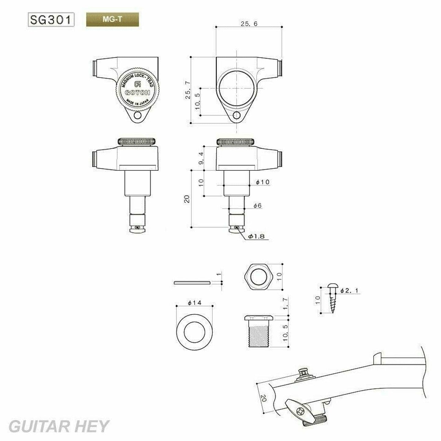 NEW Gotoh SG301-EN01 MGT L3+R3 LOCKING Tuners w/ Large EBONY Buttons 3x3 - BLACK