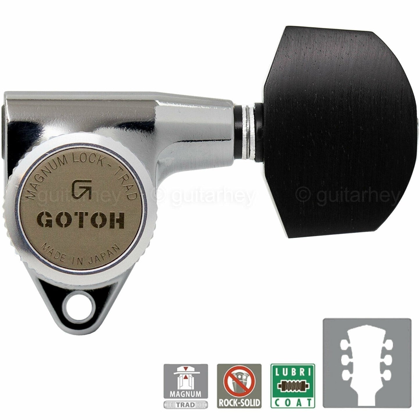 NEW Gotoh SG301-EN01 MGT L3+R3 LOCKING Tuners w/ Large EBONY Buttons 3x3, CHROME