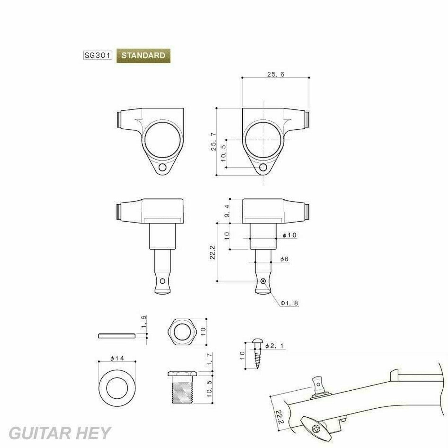 NEW Gotoh SG301-EN01 L3+R3 Tuning Keys w/ Large EBONY Buttons 3x3 - BLACK