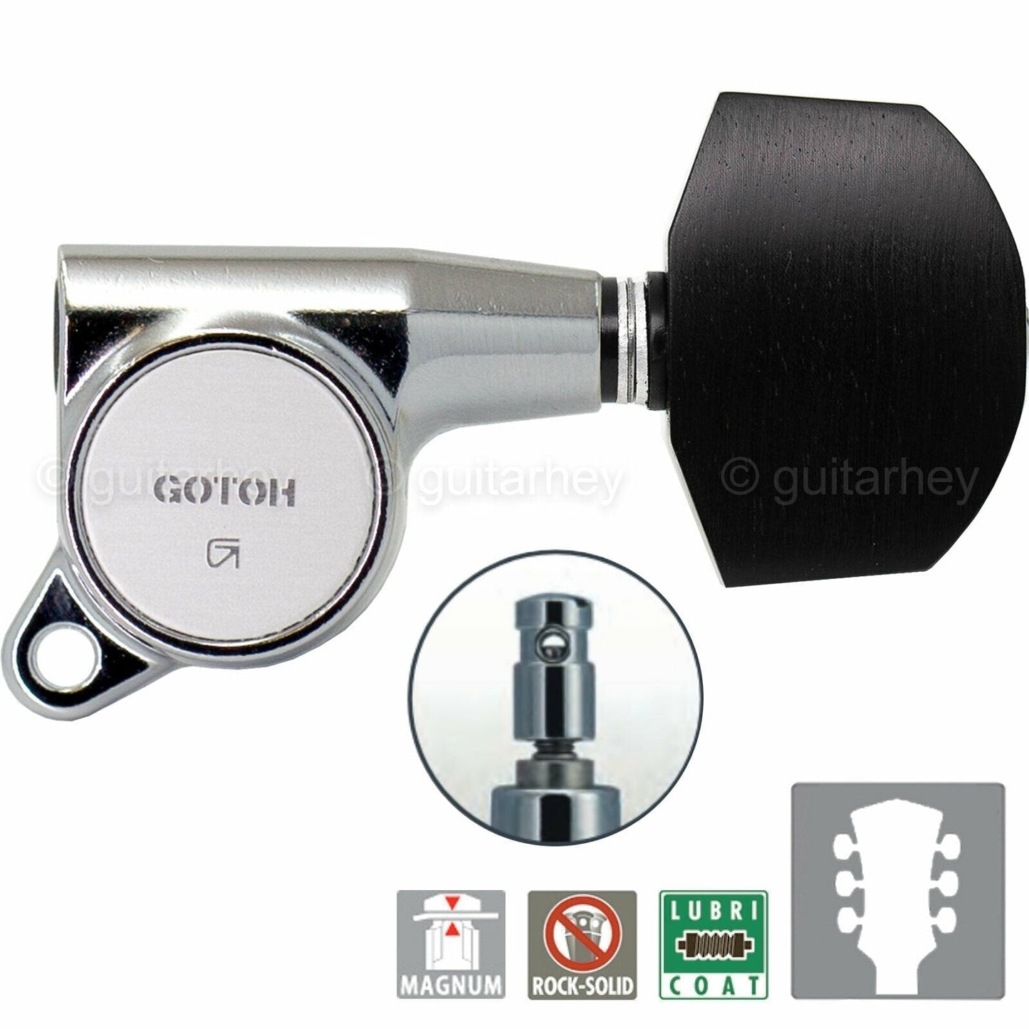 NEW Gotoh SG381-EN01 MG Locking Tuners L3+R3 w/ Large EBONY Buttons 3x3 - CHROME