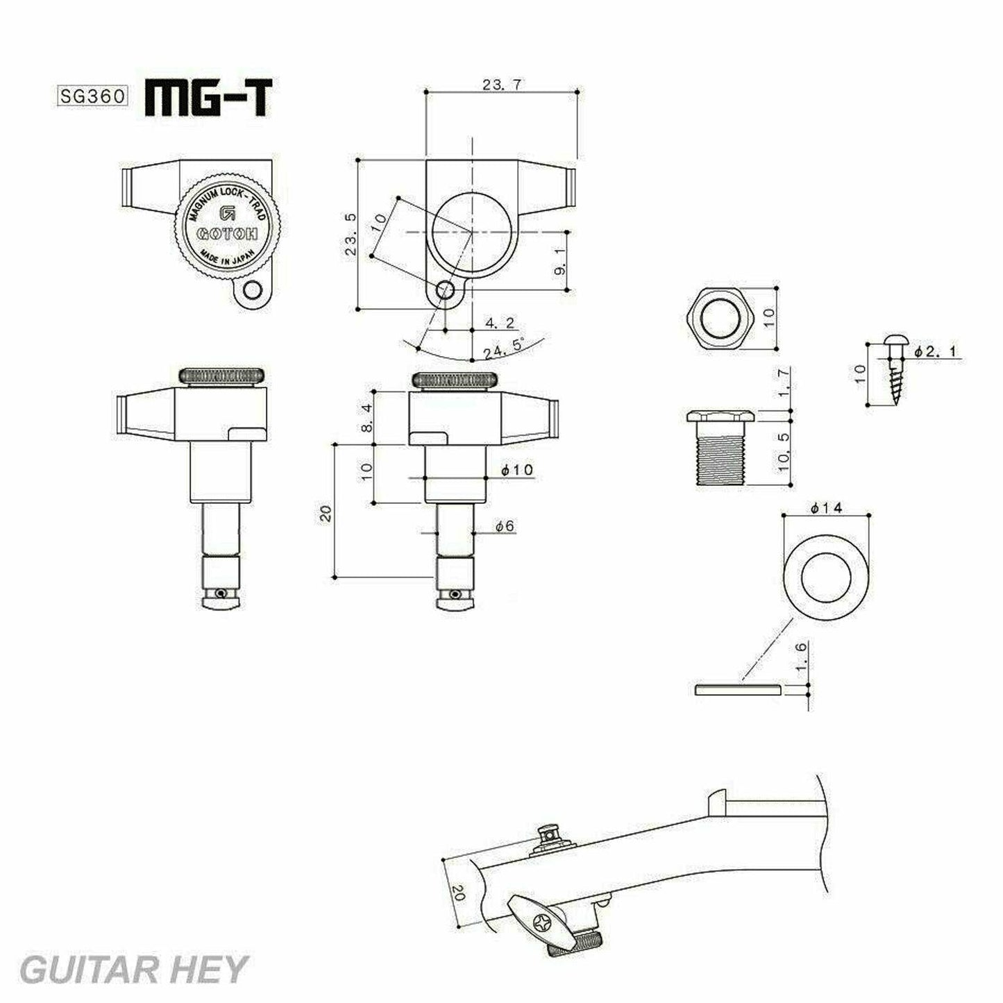 NEW Gotoh SG360-EN01 MGT Locking Tuners L3+R3 Keys Large EBONY Buttons 3x3 BLACK
