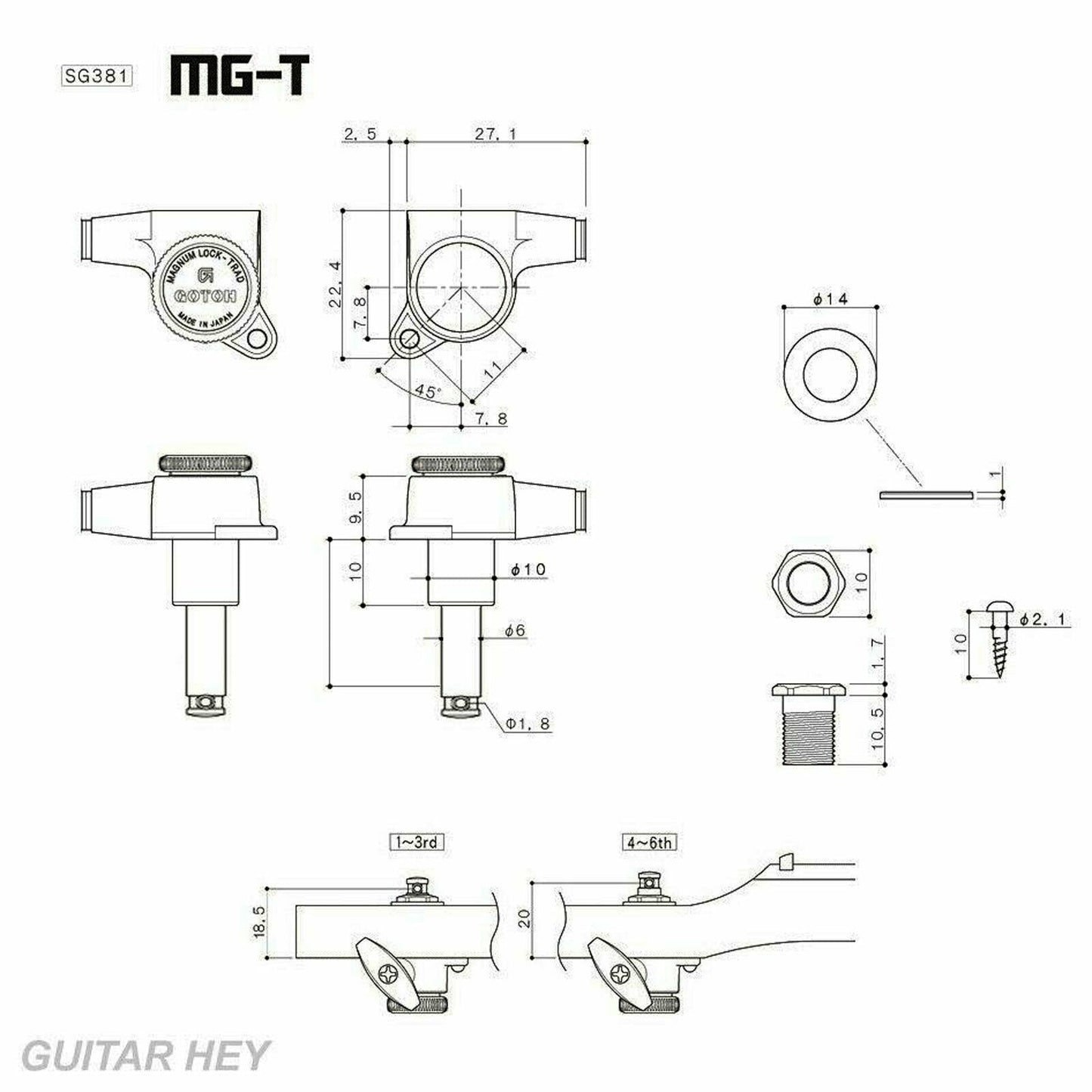 NEW Gotoh SG381-EN07 MGT Locking Tuners 6 in Line w/ Small EBONY Buttons - BLACK