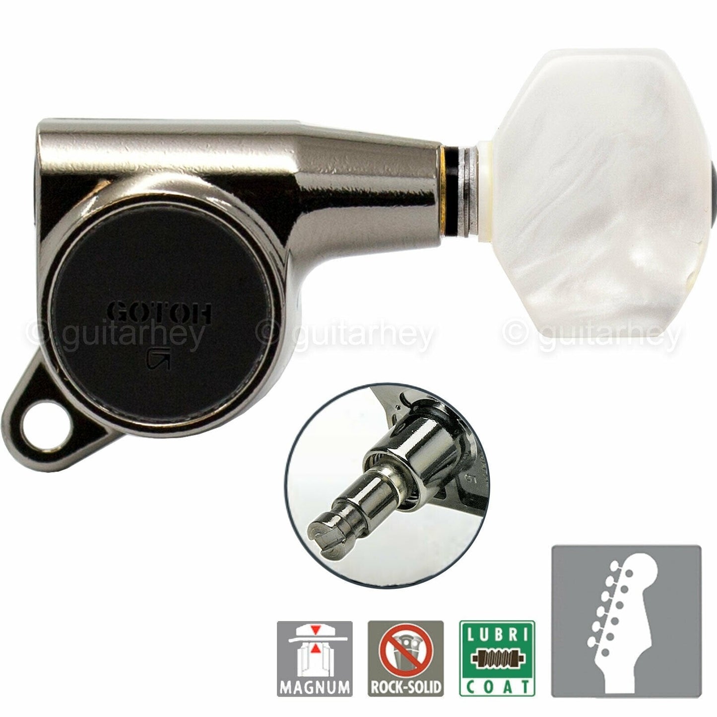 NEW Gotoh SG381-P7 MG LOCKING 6 in line Tuners Set PEARLOID Buttons, COSMO BLACK
