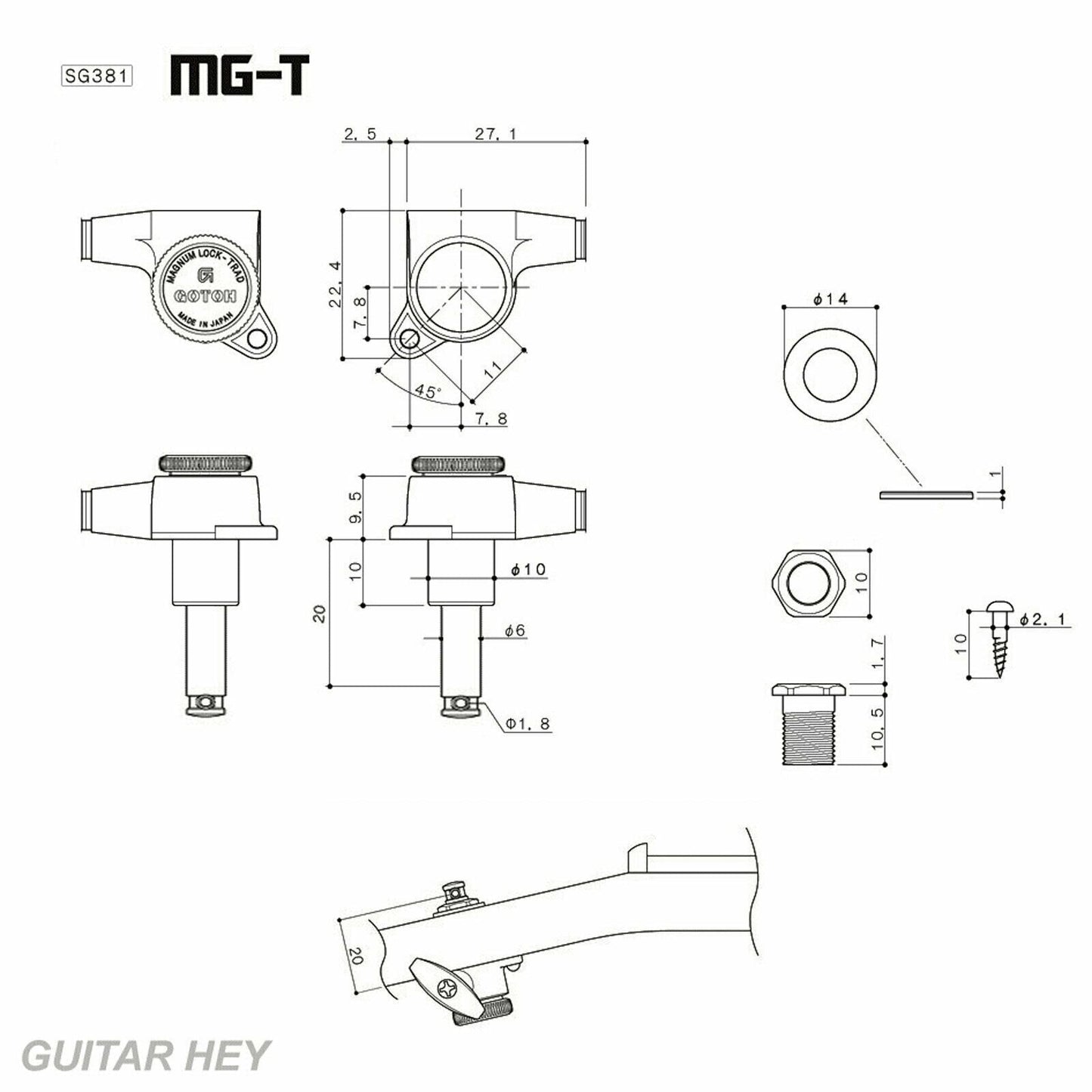 NEW Gotoh SG381-07 MGT Locking Tuners 7-String Small Keys L3+R4 Set 3x4 - GOLD