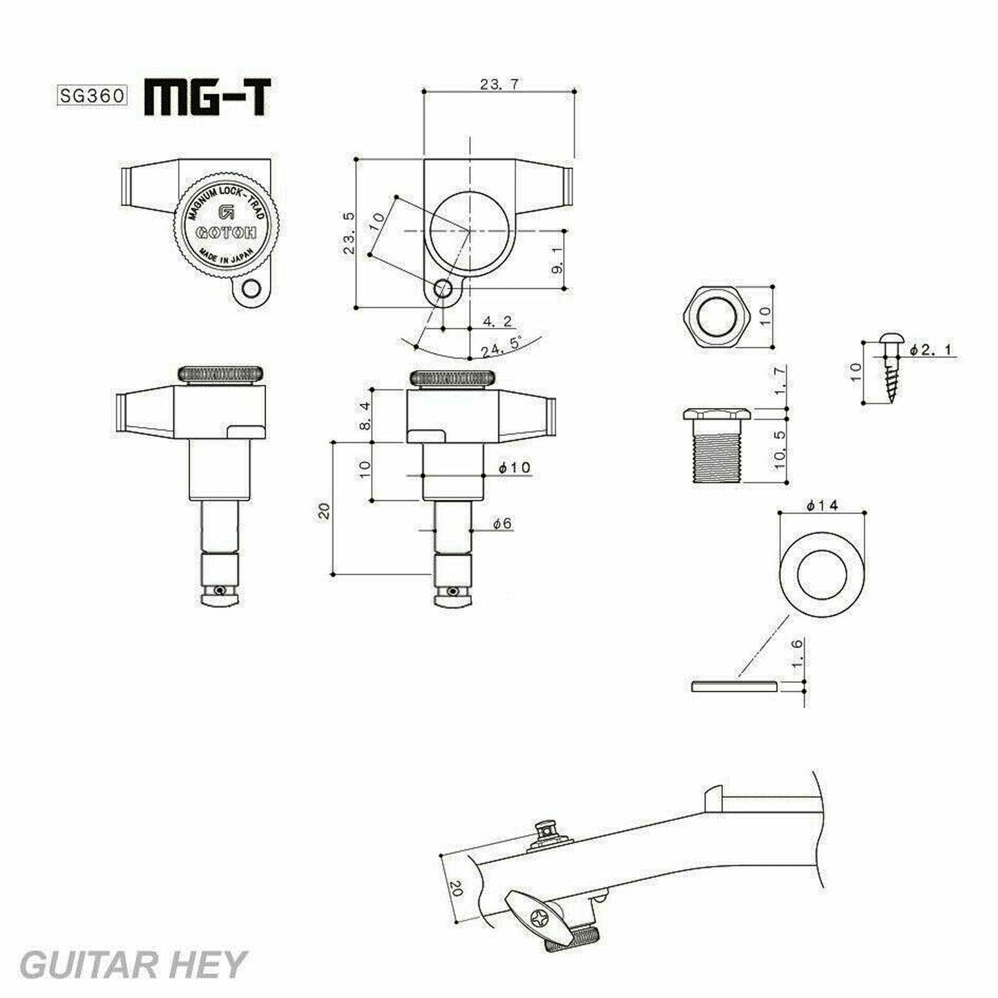 NEW Gotoh SG360-P2 MGT Locking Tuners L3+R3 w/ LARGE Amber Buttons 3x3 - BLACK