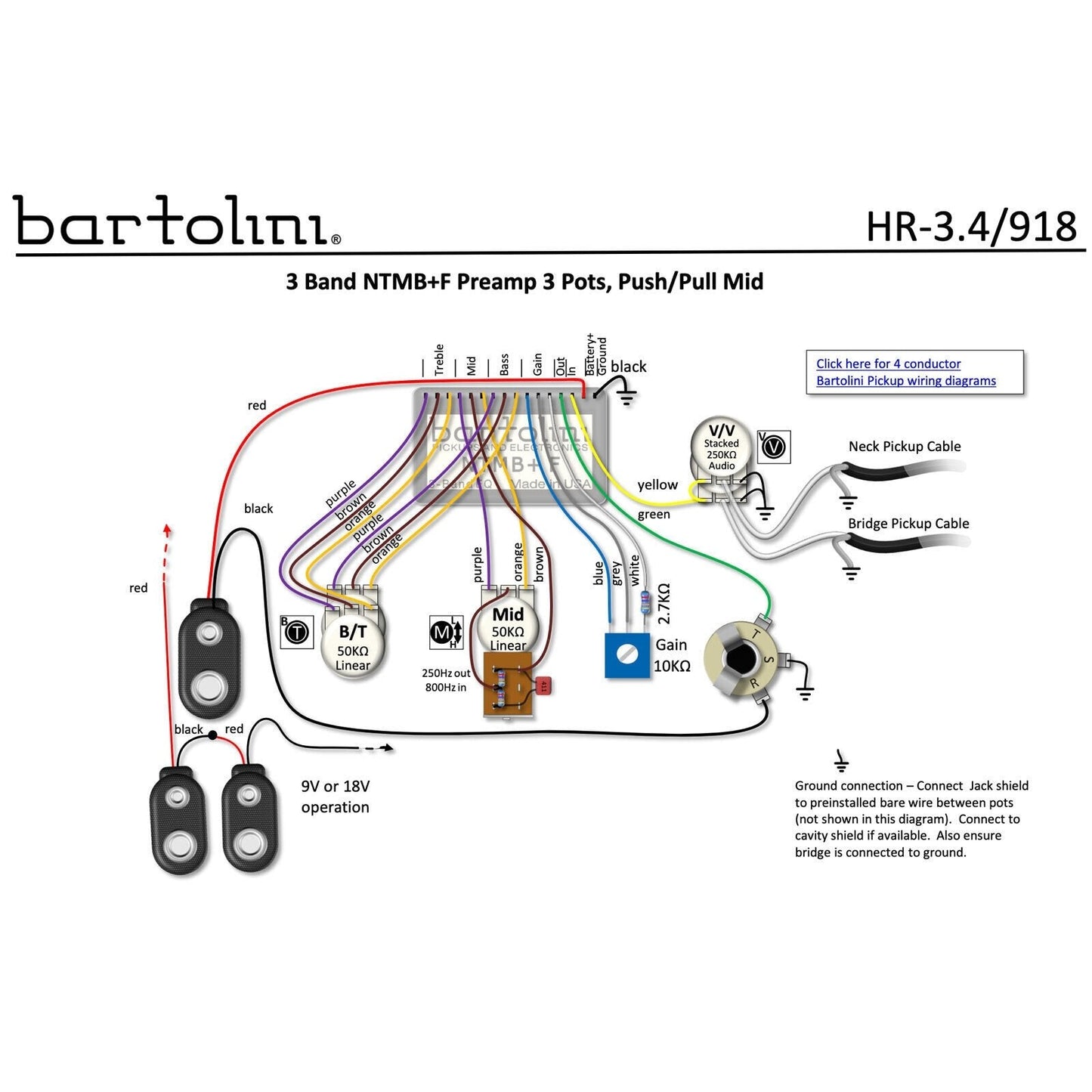 NEW Bartolini HR-3.4/918 Active Pre-Wired Harness NTMB+F Preamp 5 Pots, 1 Toggle