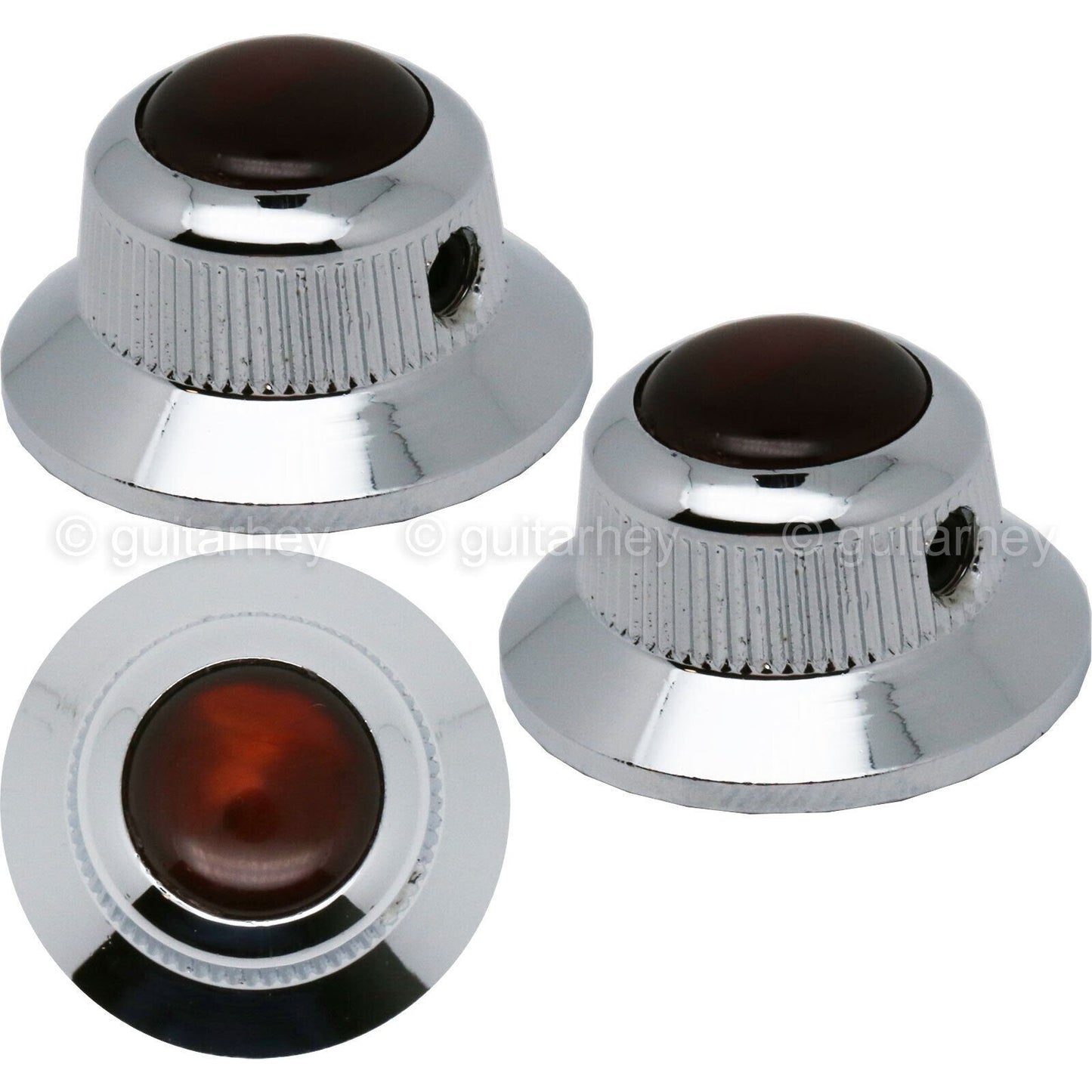 NEW (3) Q-Parts UFO Guitar Knobs KCU-0761 Acrylic Brown Pearl on Top - CHROME