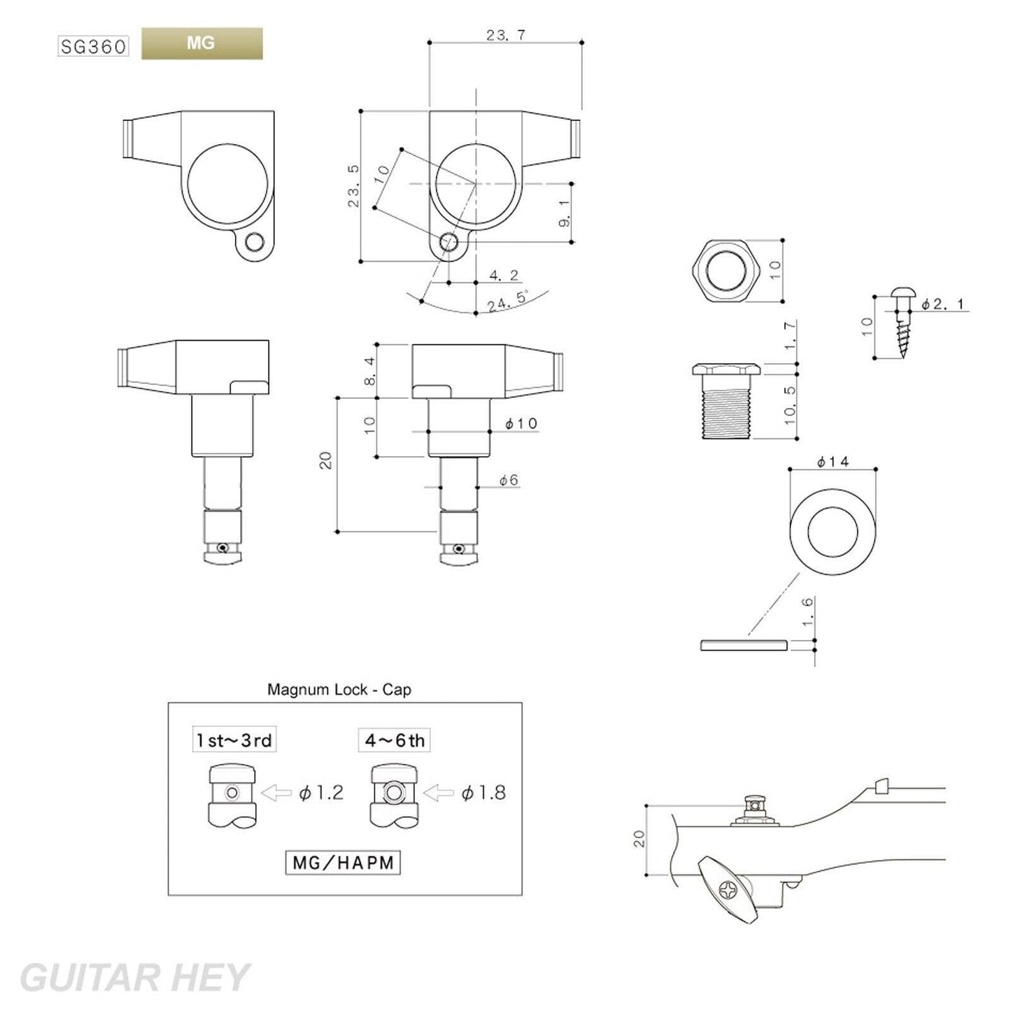 NEW Gotoh SG360-P8 MG Magnum Locking Tuners L3+R3 AMBER Buttons Set 3x3 - BLACK