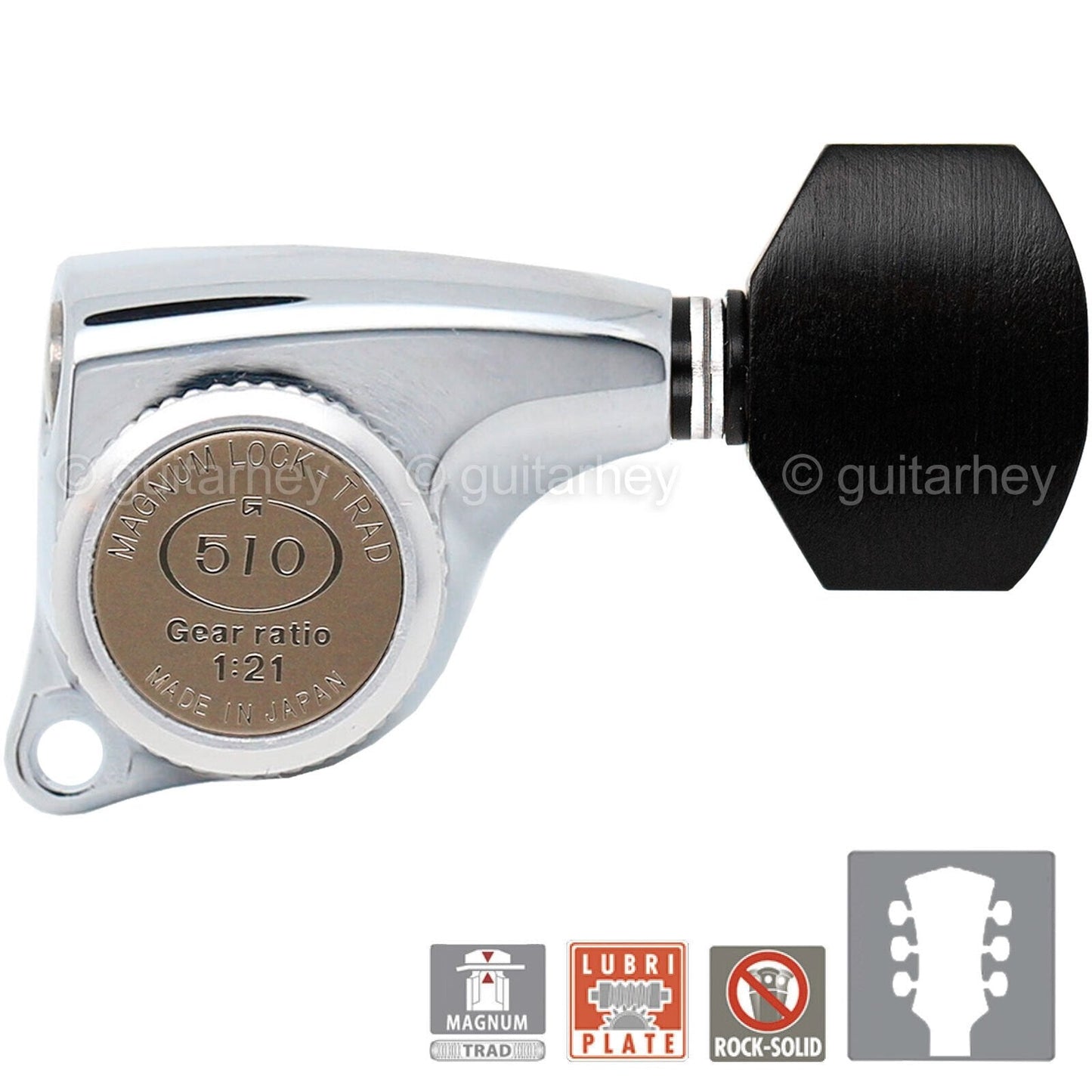 NEW Gotoh SGL510Z-EN07 MGT Locking Tuning Keys, 21:1 Ratio Set EBONY 3x3, CHROME
