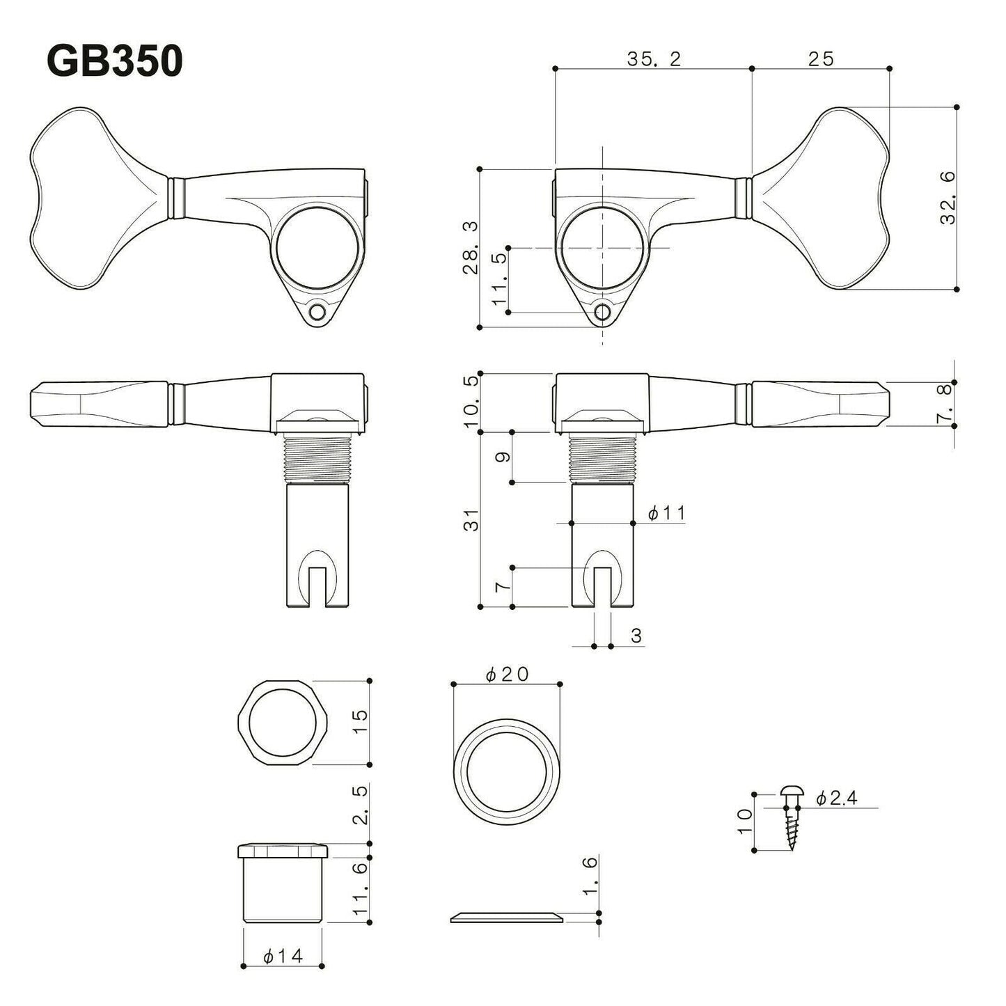 NEW Gotoh GB350 RES-O-LITE Aluminum Bass Side 4-in Line Tuning Keys Set X-CHROME