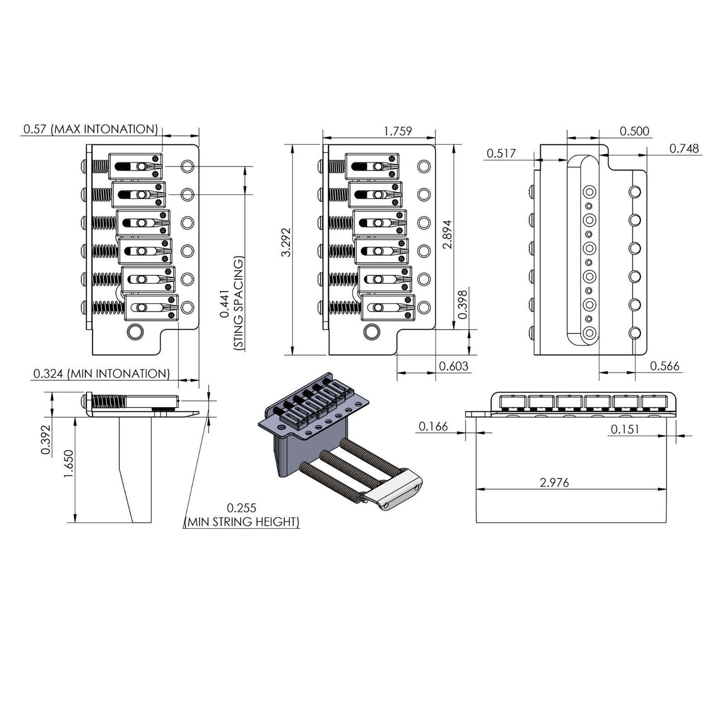 NEW Hipshot 2-7/32" Synchronized Tremolo Bridge Wide Spacing 0.441 - STAINLESS