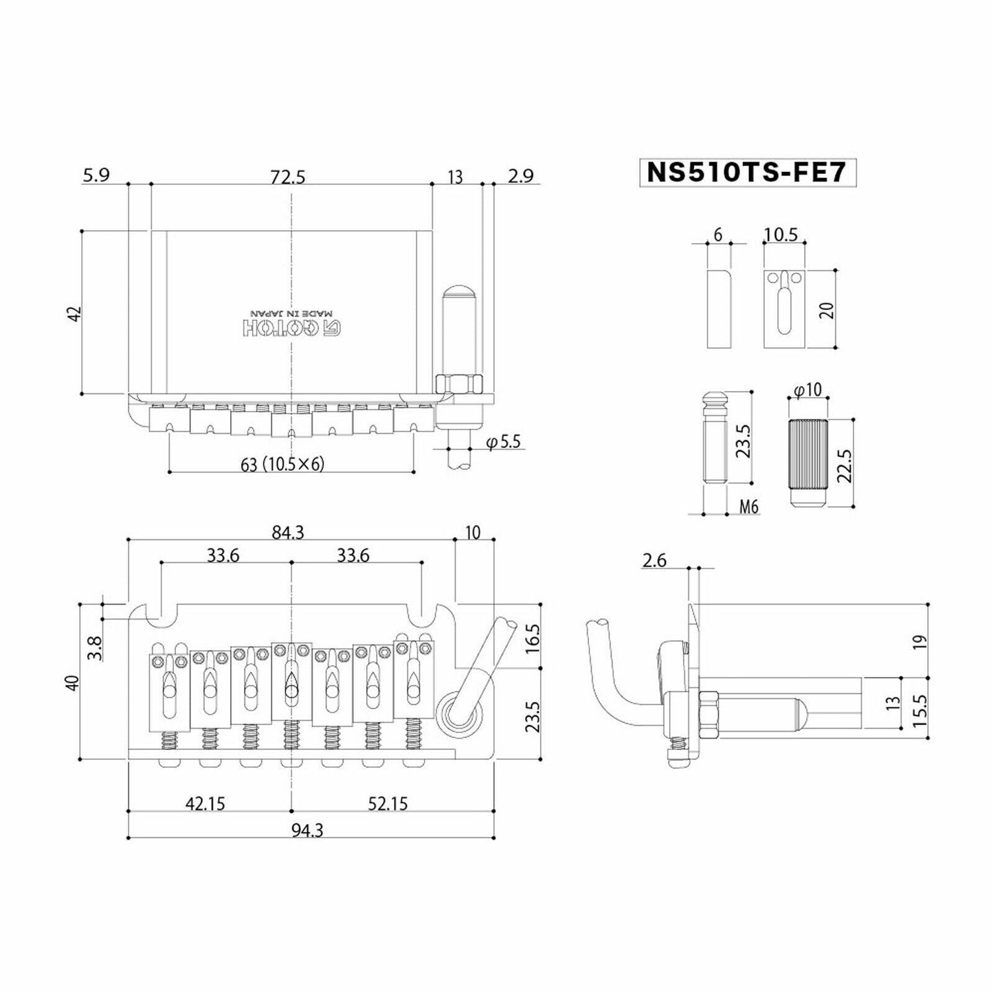 NEW Gotoh NS510TS-FE7 Non-locking 2 Point 7-STRING Tremolo Bridge 10.5mm - GOLD