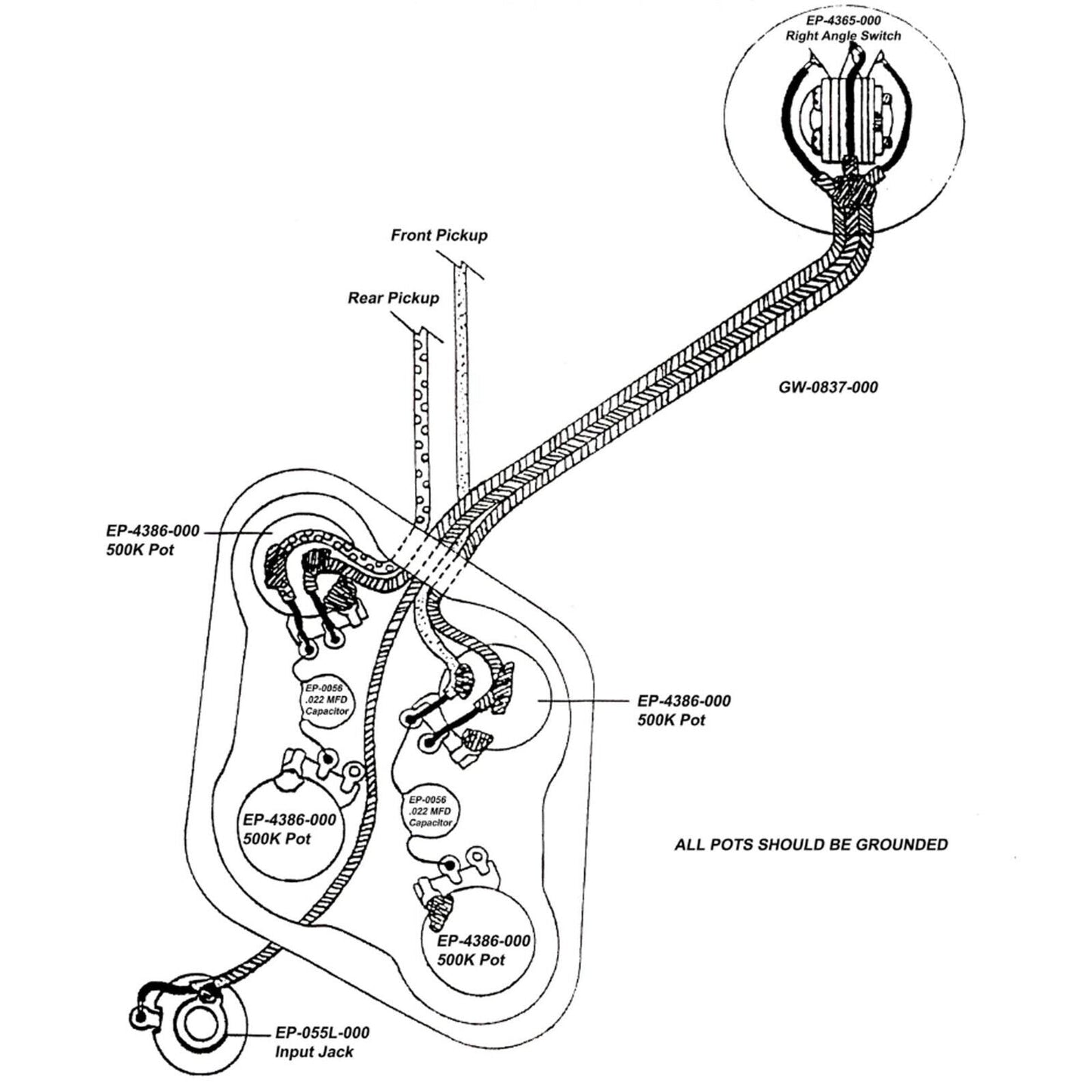 NEW Wiring Kit for Gibson® SG® Guitars Right Angle Switch, CTS 500K .022 MFD