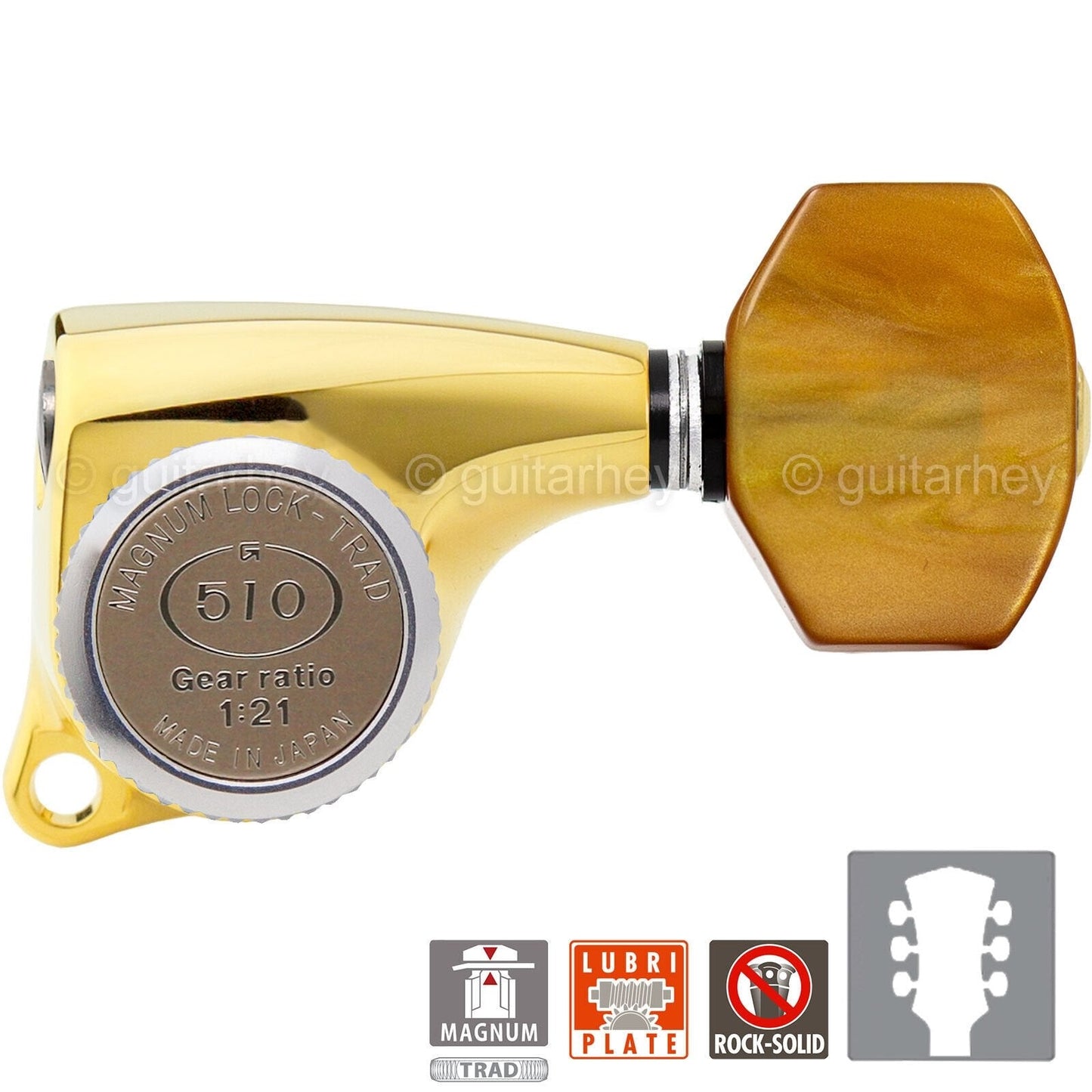 NEW Gotoh SGL510Z-P8 MGT Locking Tuning Keys, AMBER, 21:1 Ratio Set 3x3 - GOLD