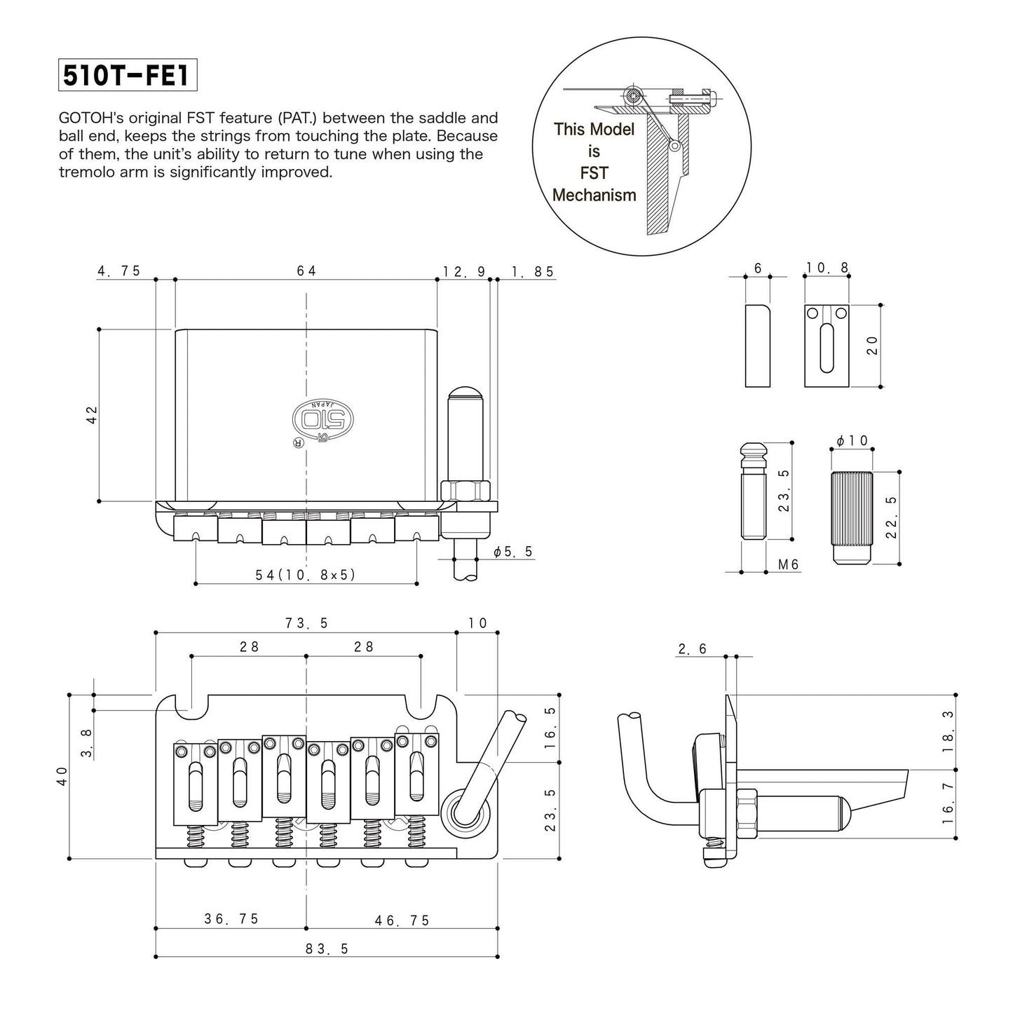 NEW Gotoh 510T-FE1 Non-locking 2 Point Tremolo Bridge w/ Hardware - COSMO BLACK