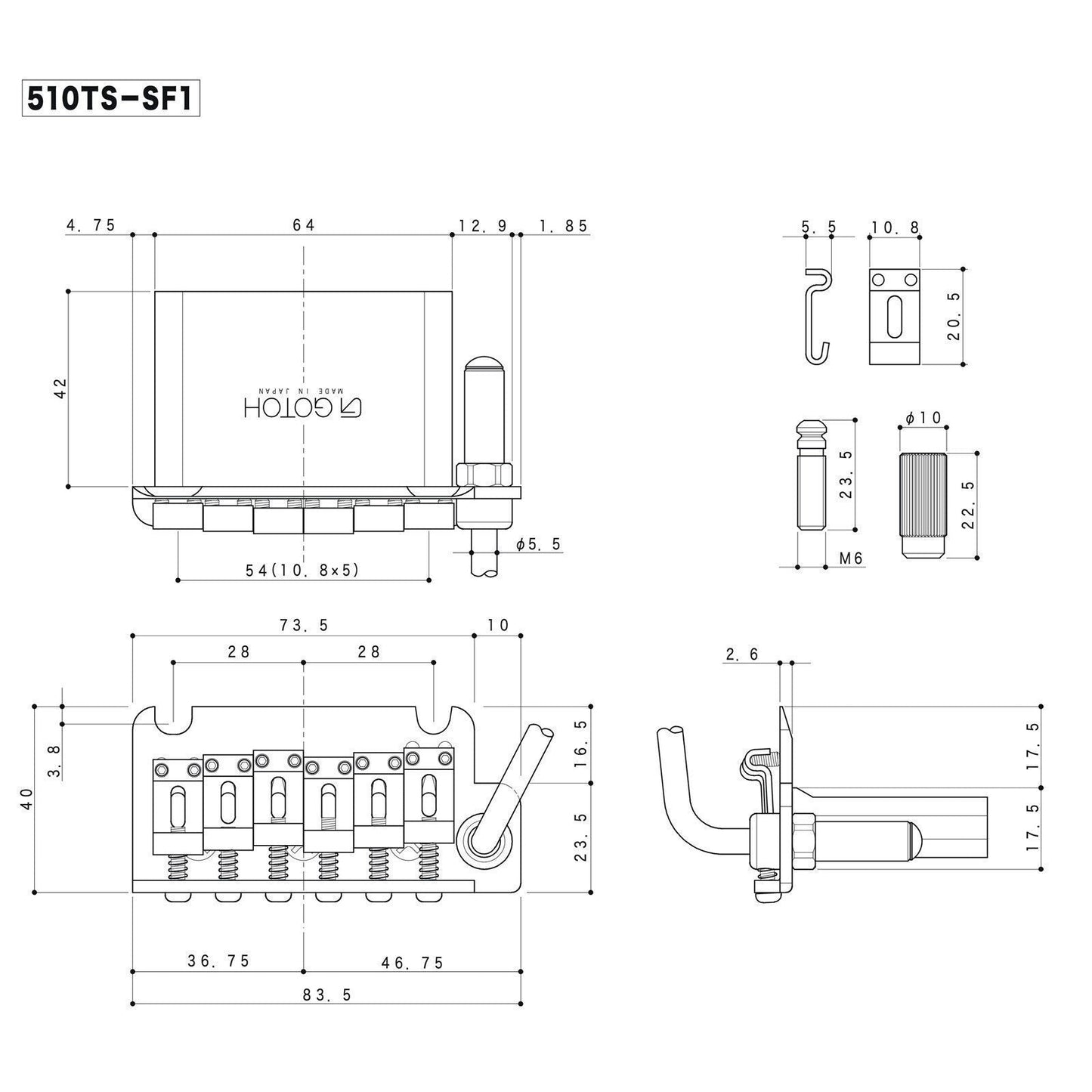 NEW Gotoh 510TS-SF1 Non-locking 2 Point Tremolo Bridge w/ Hardware - CHROME