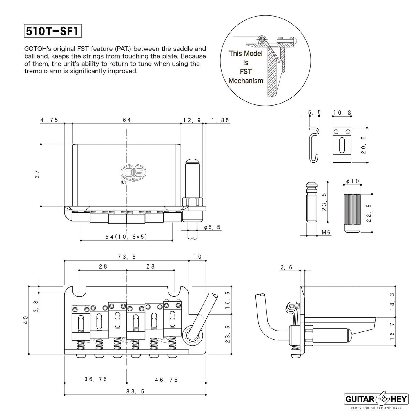NEW Gotoh 510T-SF1 Non-locking 2 Point Tremolo Bridge w/ 37MM BLOCK HEIGHT, GOLD