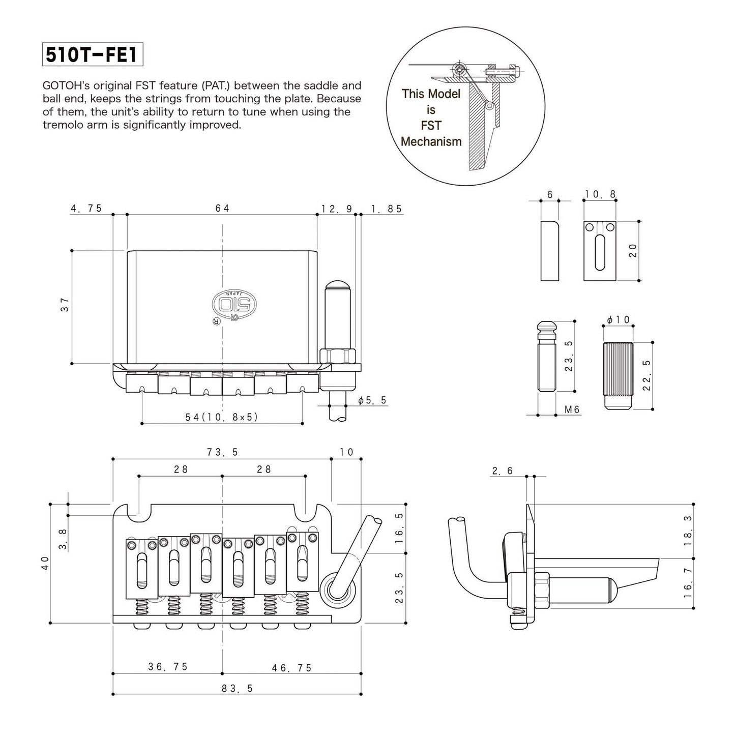NEW Gotoh 510T-FE1 Non-locking 2 Point Tremolo Bridge w/ 37MM BLOCK HEIGHT, GOLD