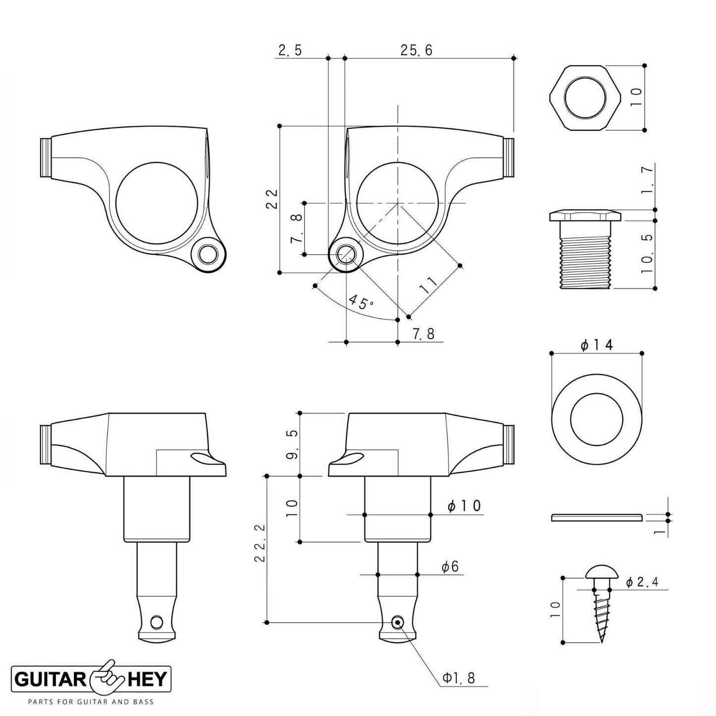 Gotoh SGS510Z-B07 L3+R3 Set Mini Tuners Plastic Buttons 1:18 Ratio 3x3 - CHROME