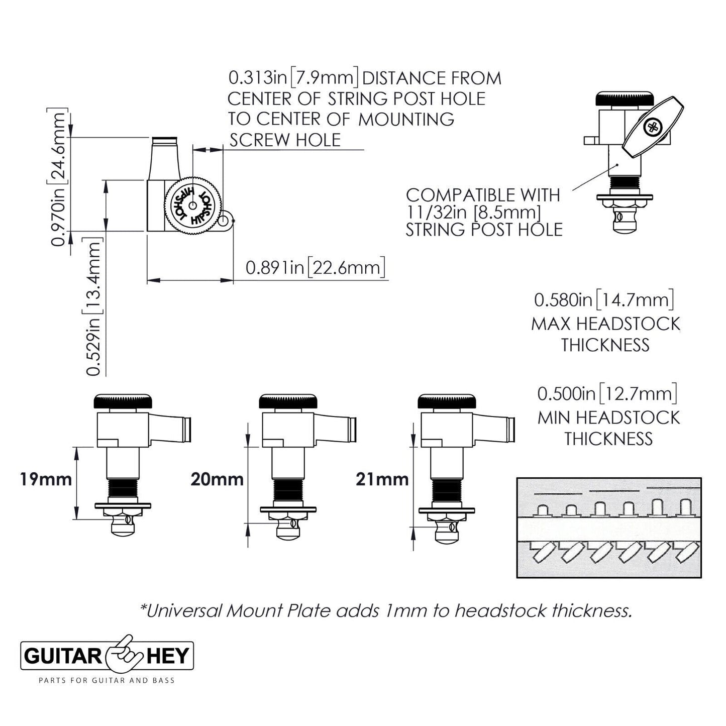 NEW Hipshot VINTAGE 6-in-Line Locking Tuners STAGGERED Small Buttons - CHROME