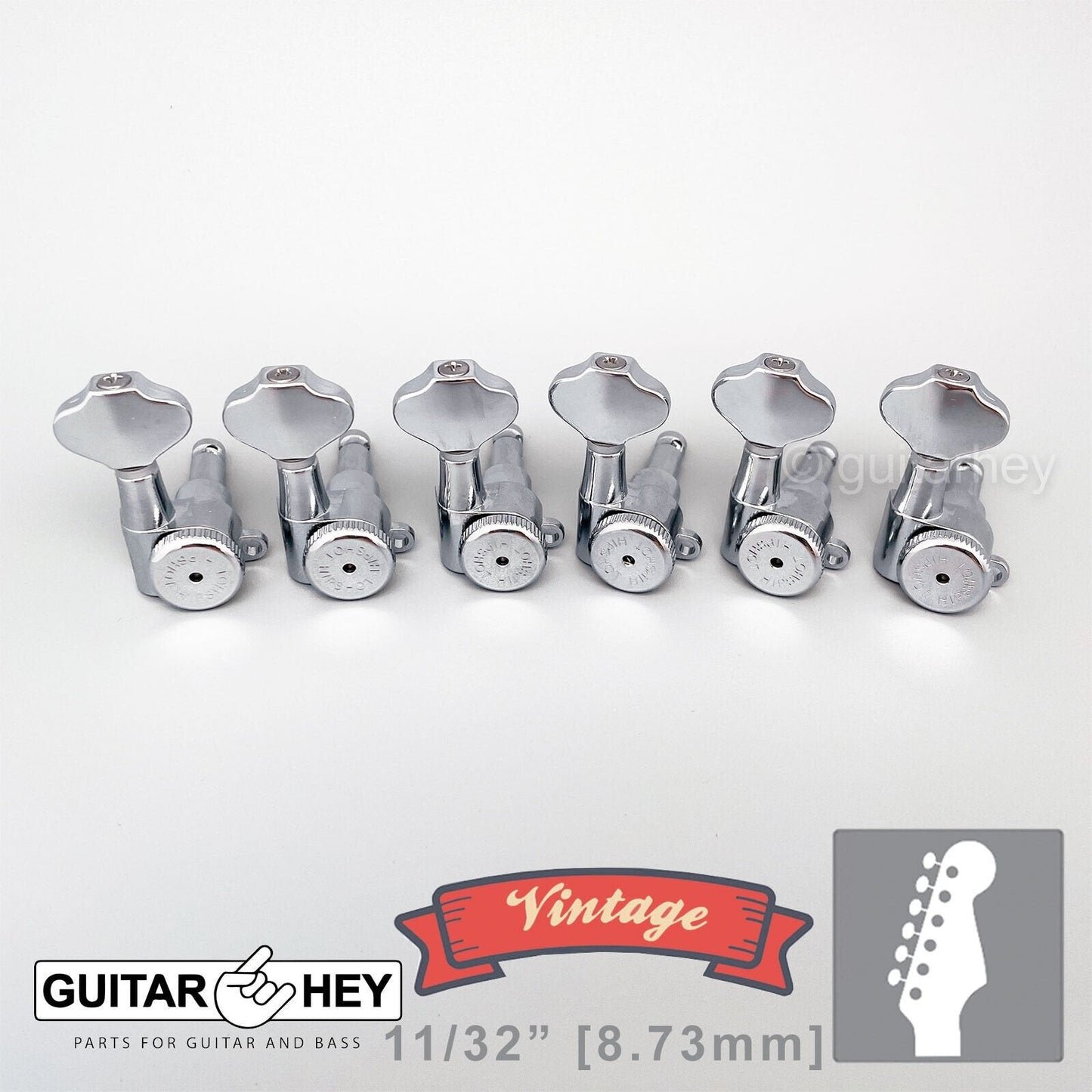 NEW Hipshot VINTAGE 6-in-Line Locking Tuners STAGGERED Victorian Buttons, CHROME