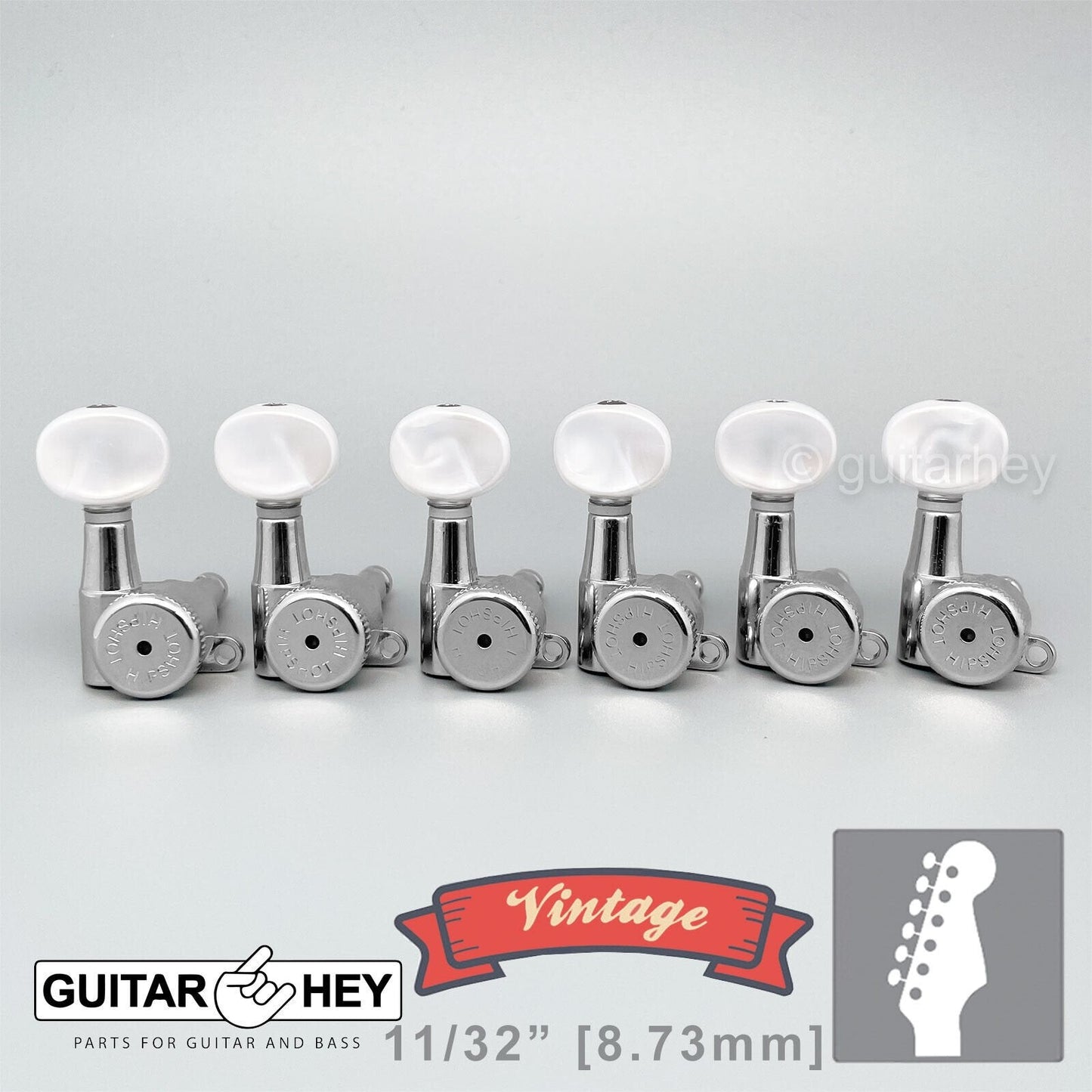 NEW Hipshot VINTAGE 6-in-Line Locking Tuners STAGGERED Oval Pearl Buttons CHROME