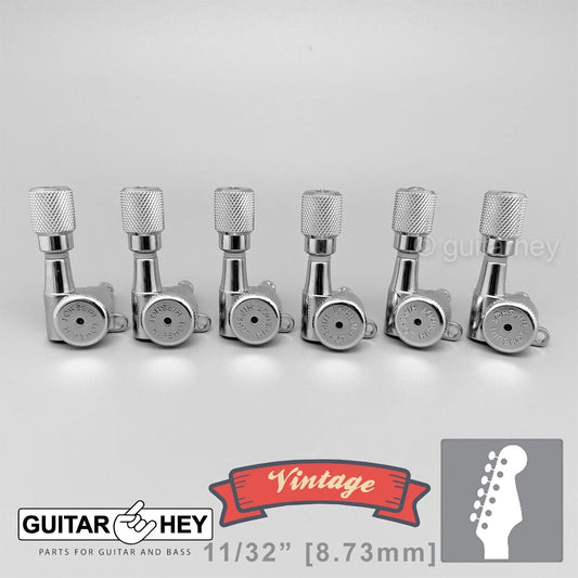 NEW Hipshot VINTAGE 6-in-Line Locking Tuners STAGGERED Knurled Buttons - CHROME