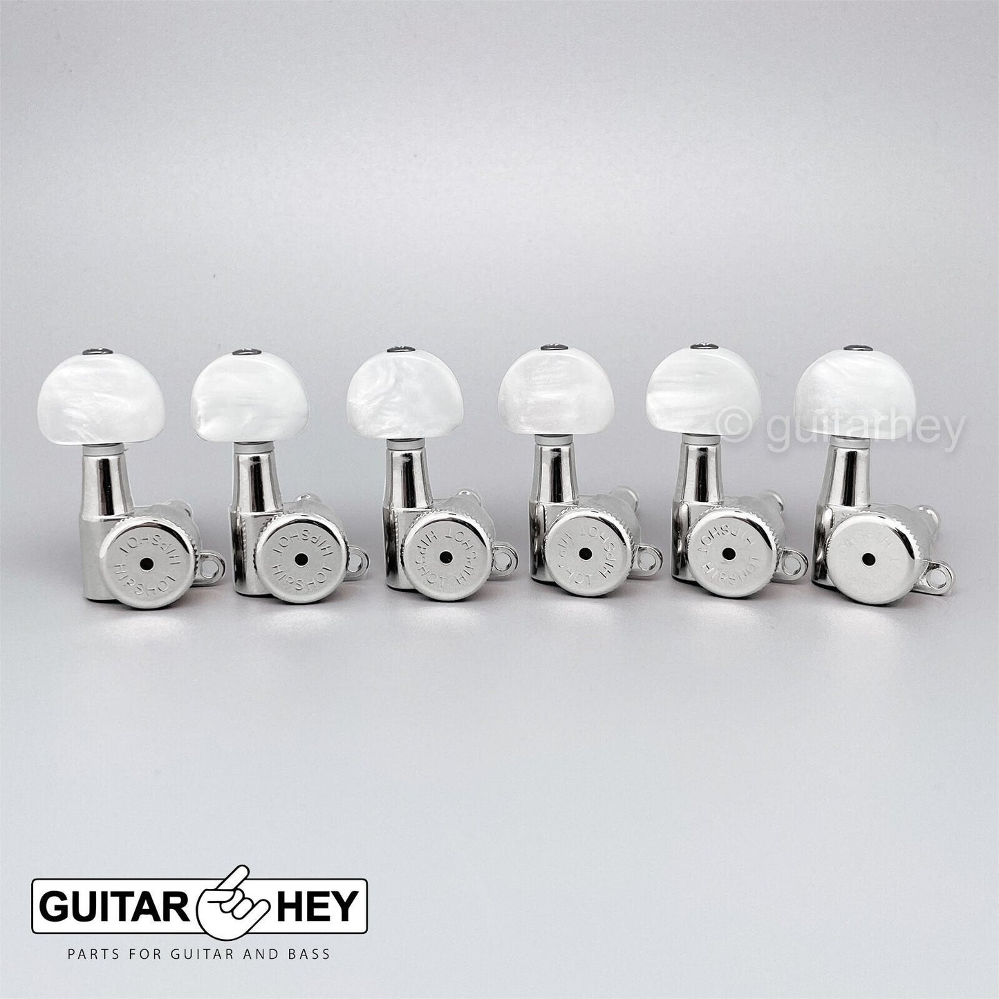 NEW Hipshot 6-in-Line LOCKING Tuners STAGGERED Set keys Half Moon Pearl - CHROME