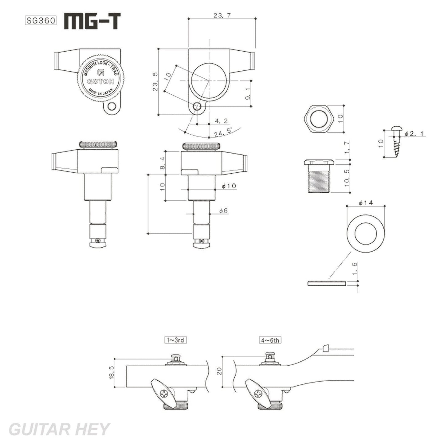 NEW Gotoh SG360-M07 MGT Magnum Locking LEFT-HANDED 6 In-Line Set Screws - BLACK