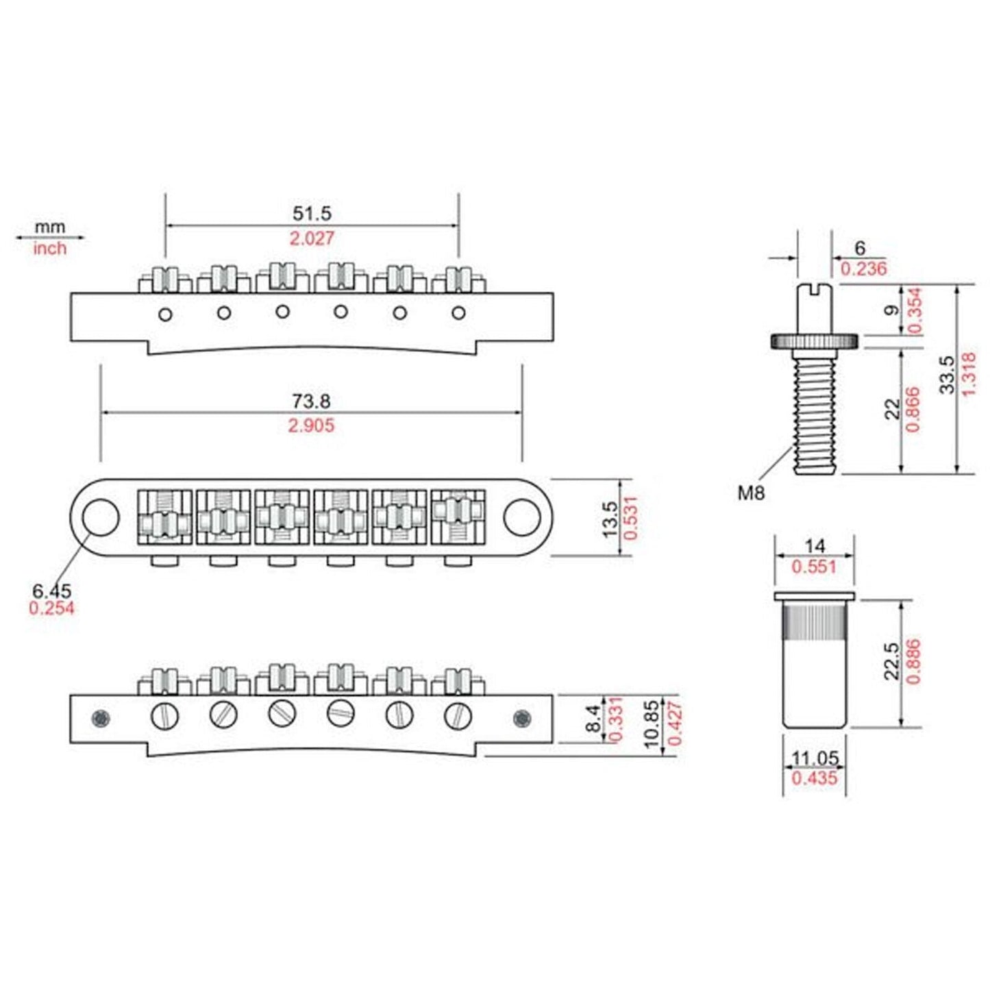 NEW Tonepros TPFR Roller Saddles, METRIC Tuneomatic - NICKEL