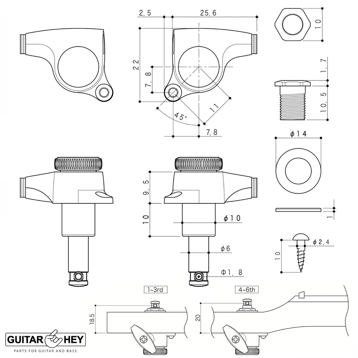 NEW Gotoh SGS510Z-B07 MGT 6 in line Locking Tuners Set 18:1 Gear Ratio - X-GOLD