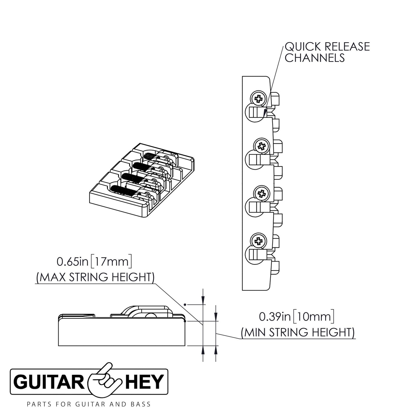 NEW Hipshot 5A4FM2AB 4 string A Style Fender Mount Aluminum Bass Bridge - BLACK