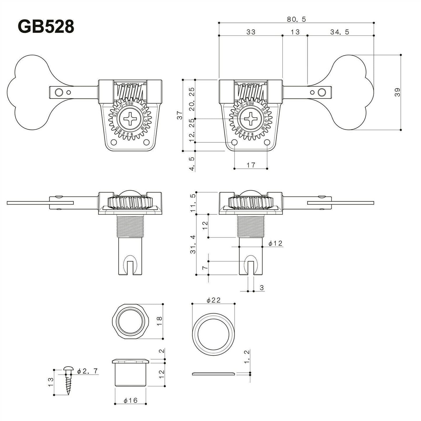 NEW Gotoh GB528 Res-O-Lite Vintage Style Bass L4+R1 Set Lightweight 4x1 - GOLD