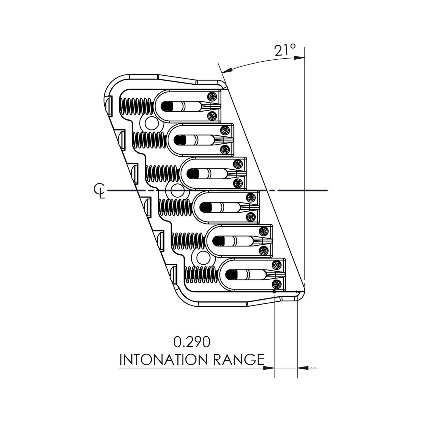 USA Hipshot 6 String Multi-Scale Fixed Guitar Bridge 21° Angle .175" Flr NICKEL