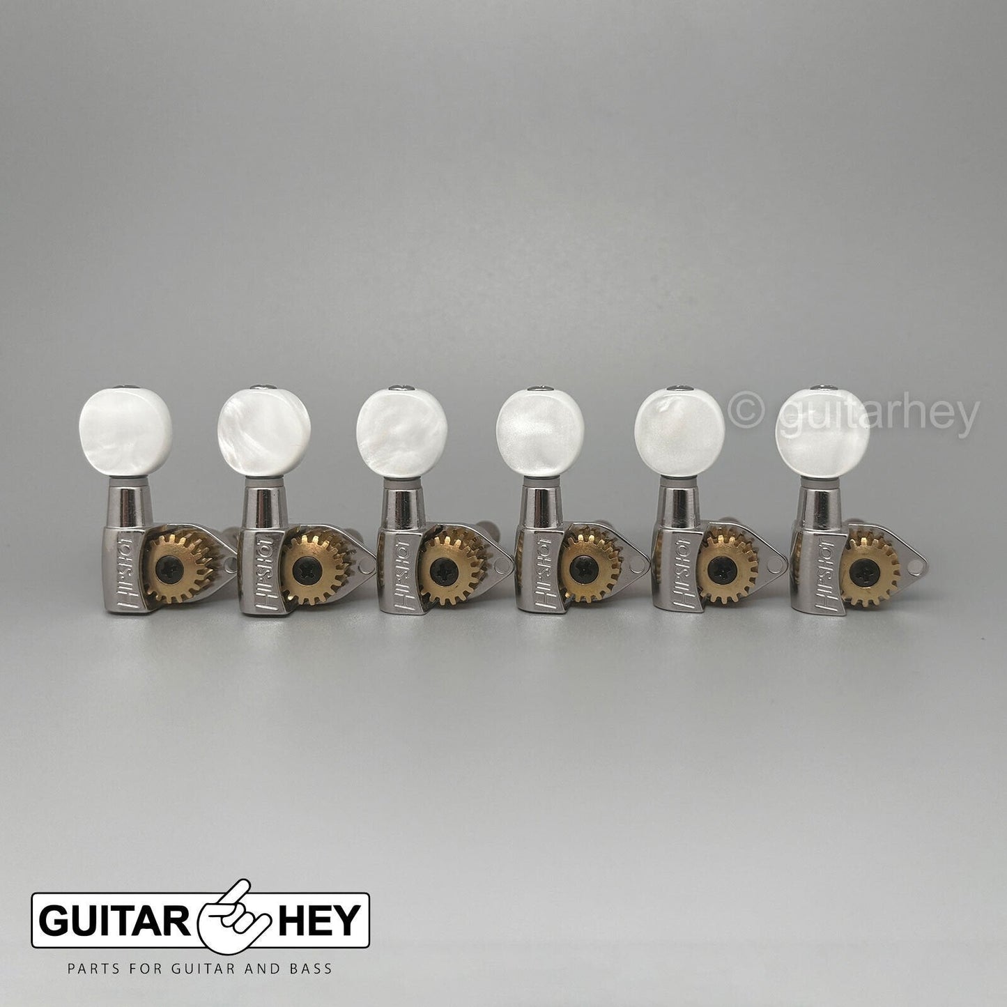 NEW Hipshot Classic 6 in Line Non-Staggered Open-Gear PEARLOID Buttons NICKEL